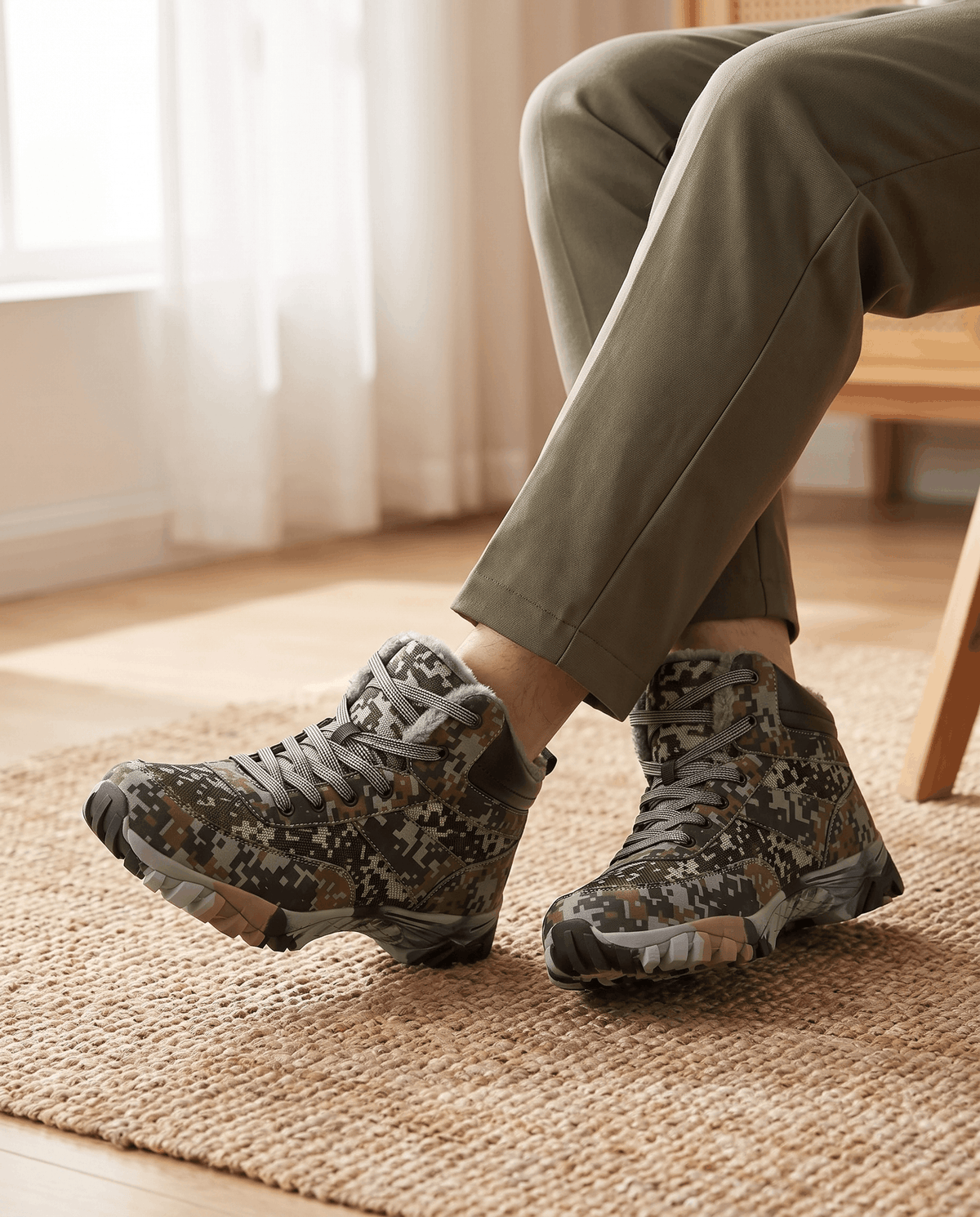 Green camo boots worn with olive trousers on a rug in a bright room