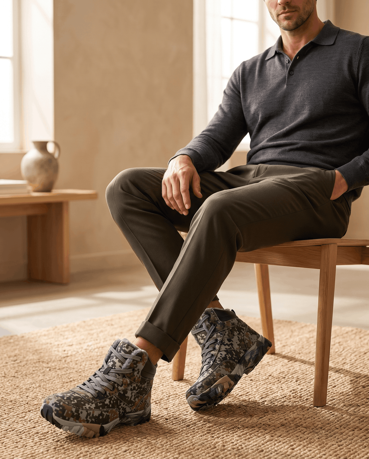 Seated man in dark trousers wearing green camo lace-up hiking boots