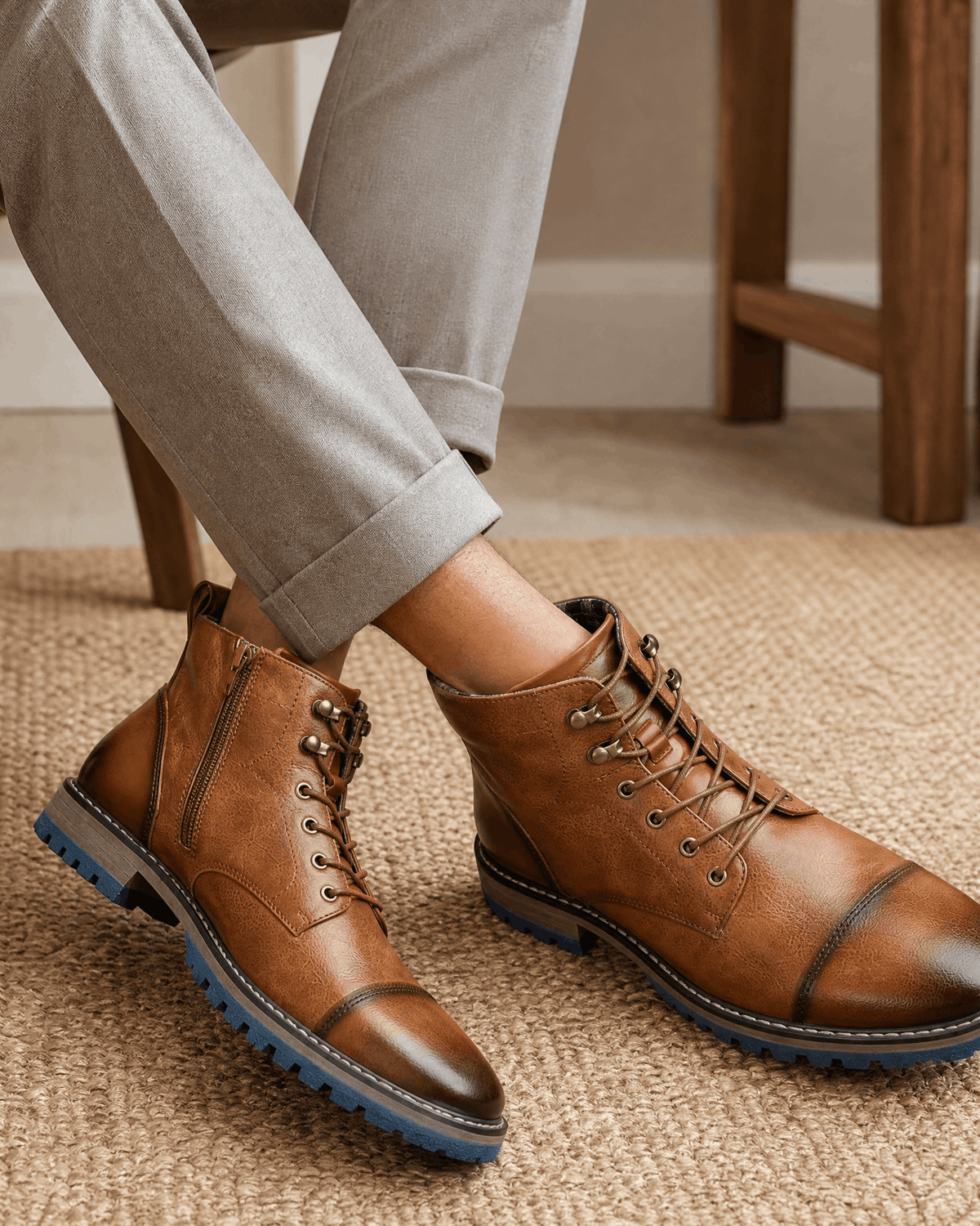 Brown smooth grain leather cap toe boots featuring side zips, hook lacing, and a blue-accented lug rubber outsole.