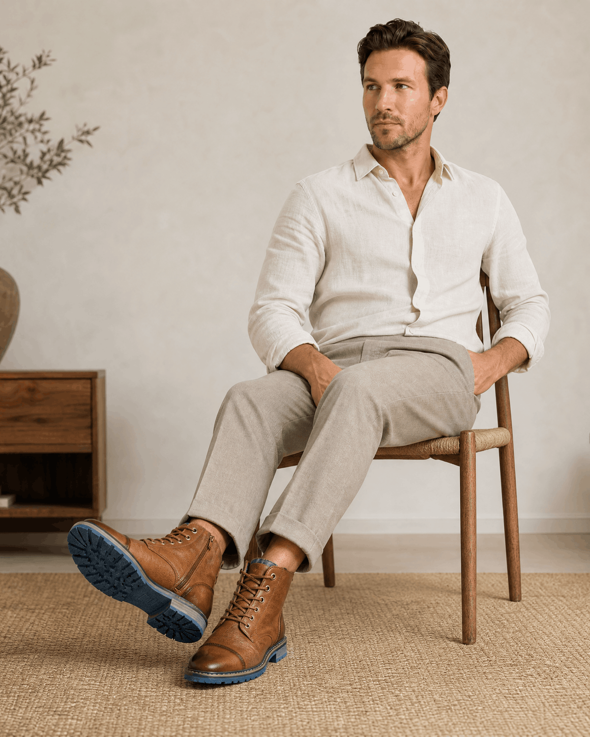Brown smooth grain leather cap toe boots with side zips and blue lug outsoles worn with beige trousers.