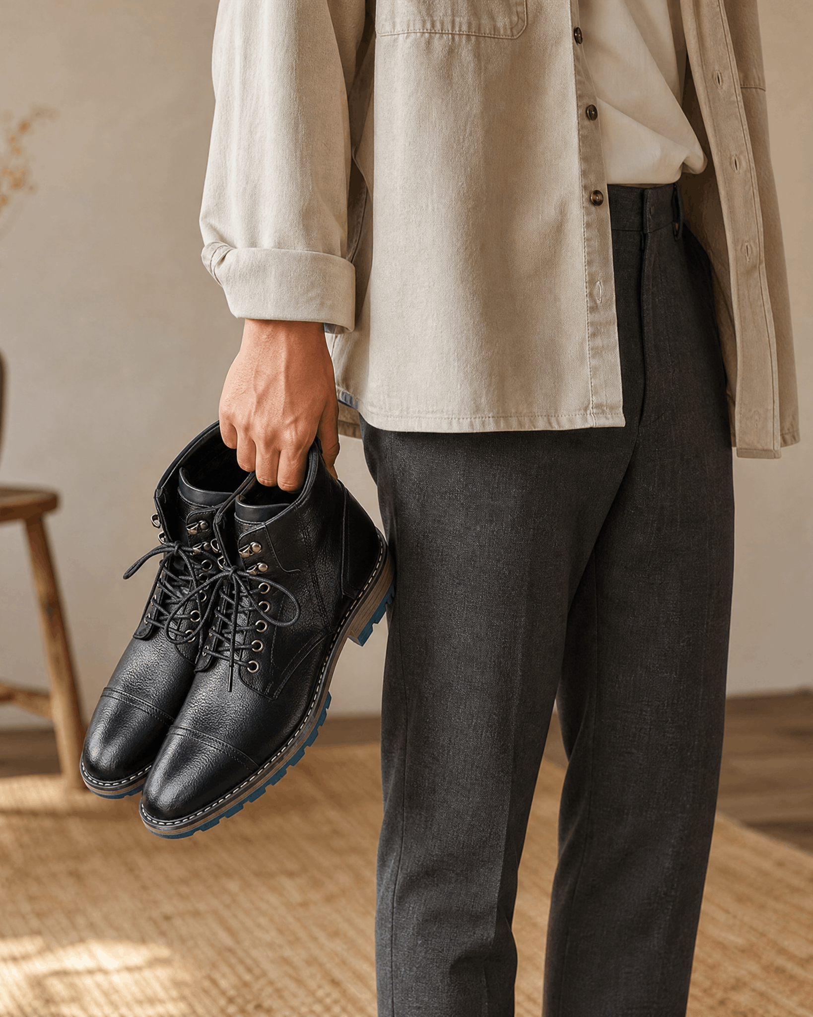 Black smooth grain leather cap toe boots with lace-up front, side zip, and rugged lug outsole held in hand.