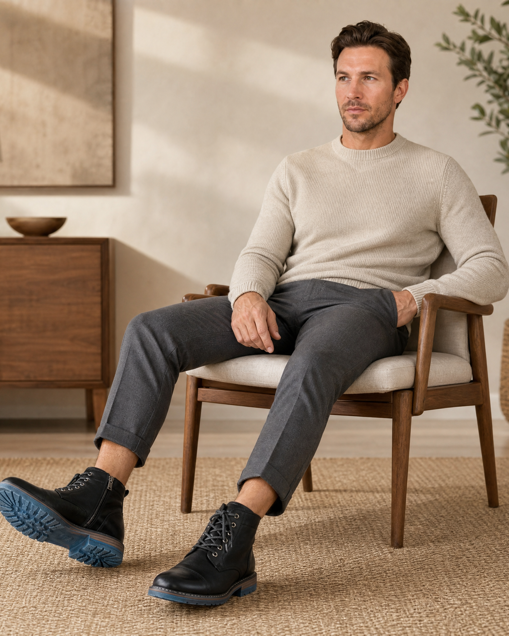 Black smooth grain leather cap toe boots with side zips, lace-up fronts, and rugged blue-tinted lug outsoles.