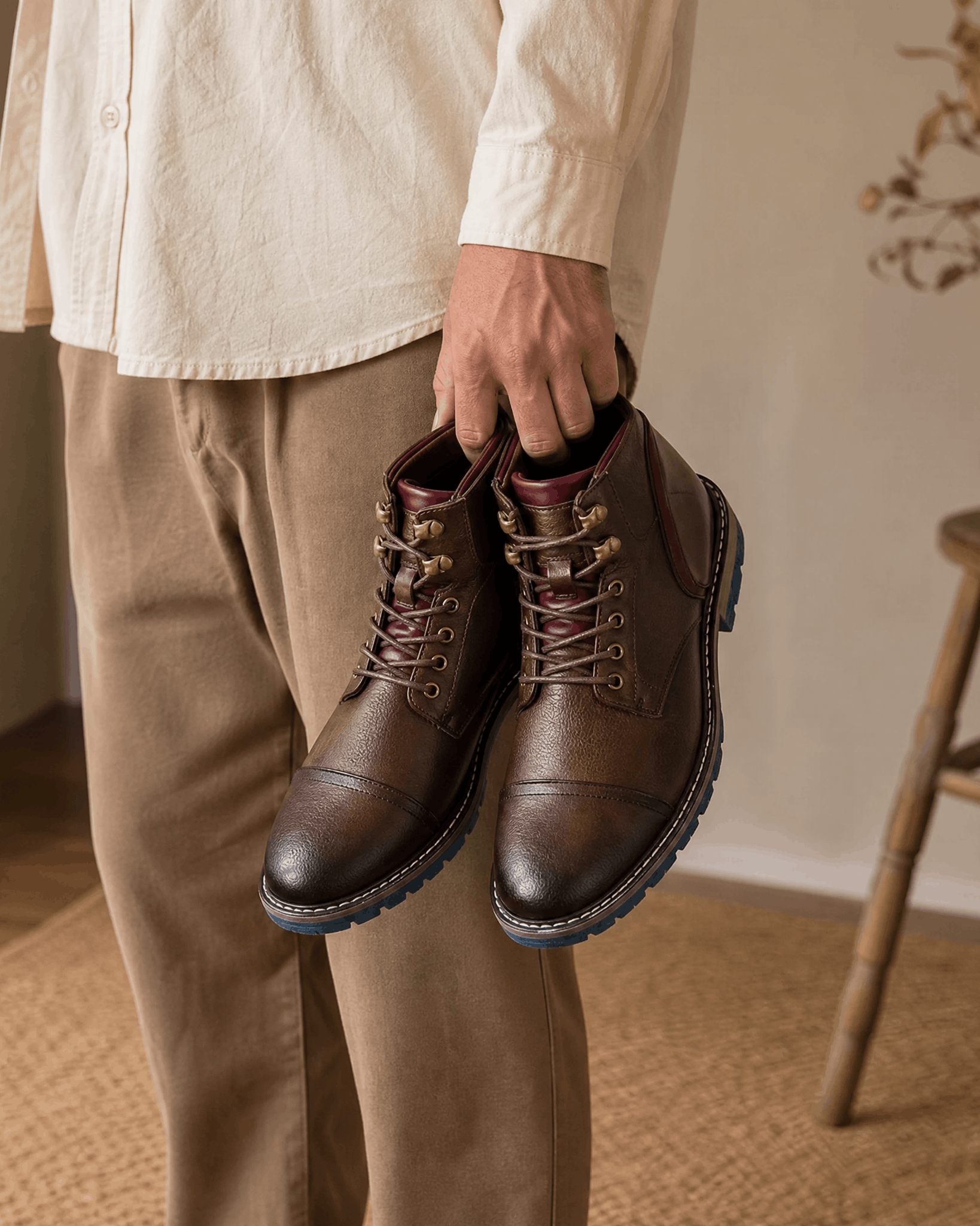 Dark brown smooth grain leather cap toe boots with lug soles, hook lacing, and side zip entry held by hand.