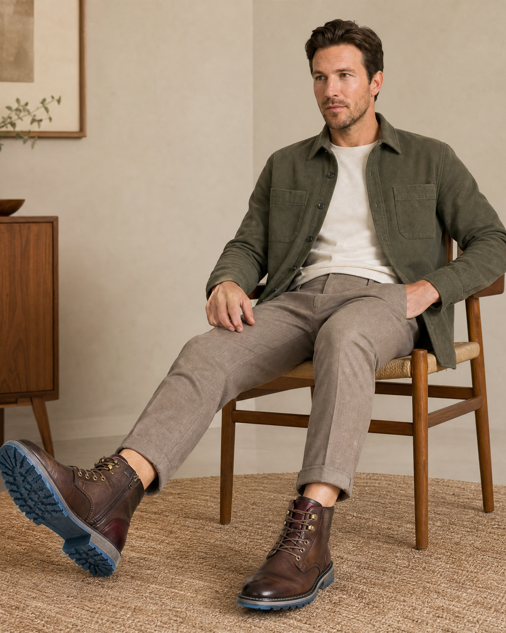 Dark brown smooth grain leather cap toe boots with side zips, lace-up fronts, and treaded blue lug outsoles worn by a seated man.