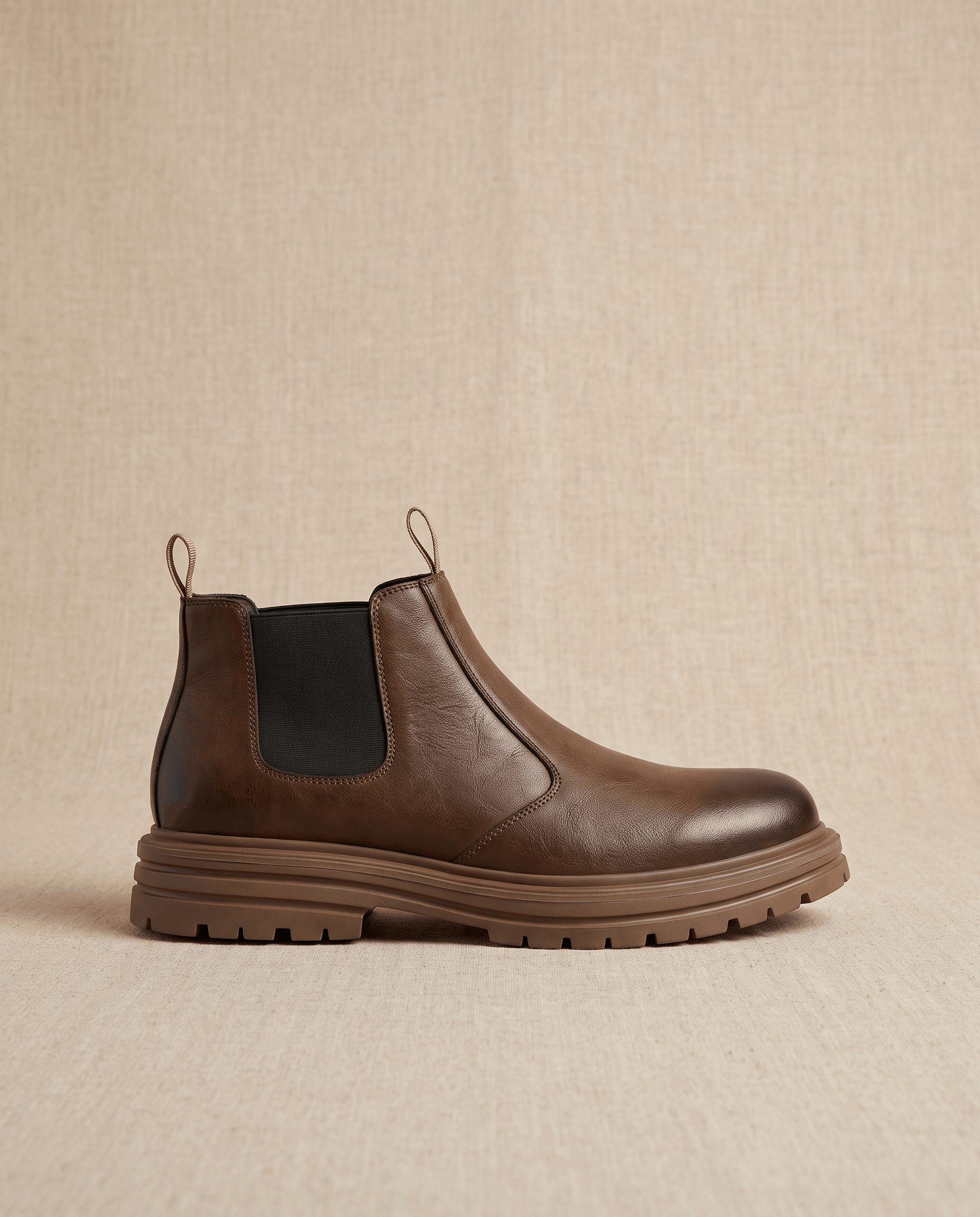 Brown pebbled leather Chelsea boot with elastic side panels, twin pull tabs, and a chunky lugged platform rubber sole.