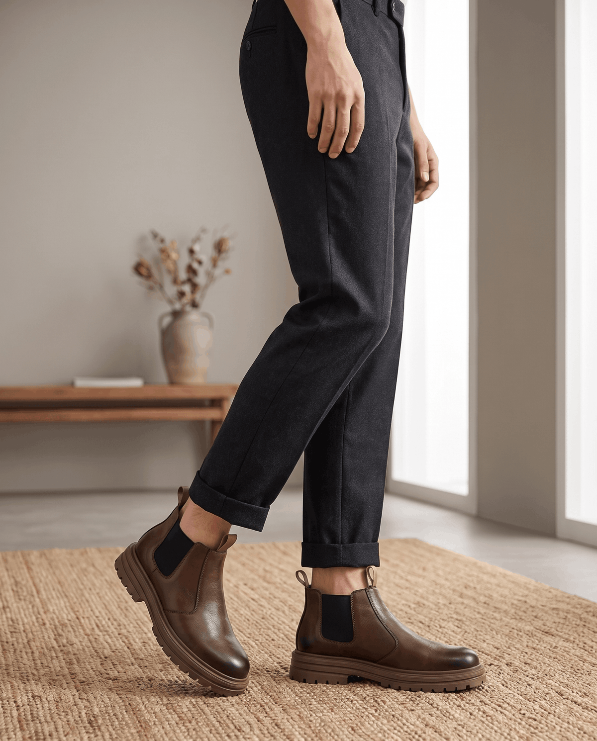 Brown pebbled leather Chelsea boots with black elastic side panels, twin pull tabs, and a chunky lugged platform sole.
