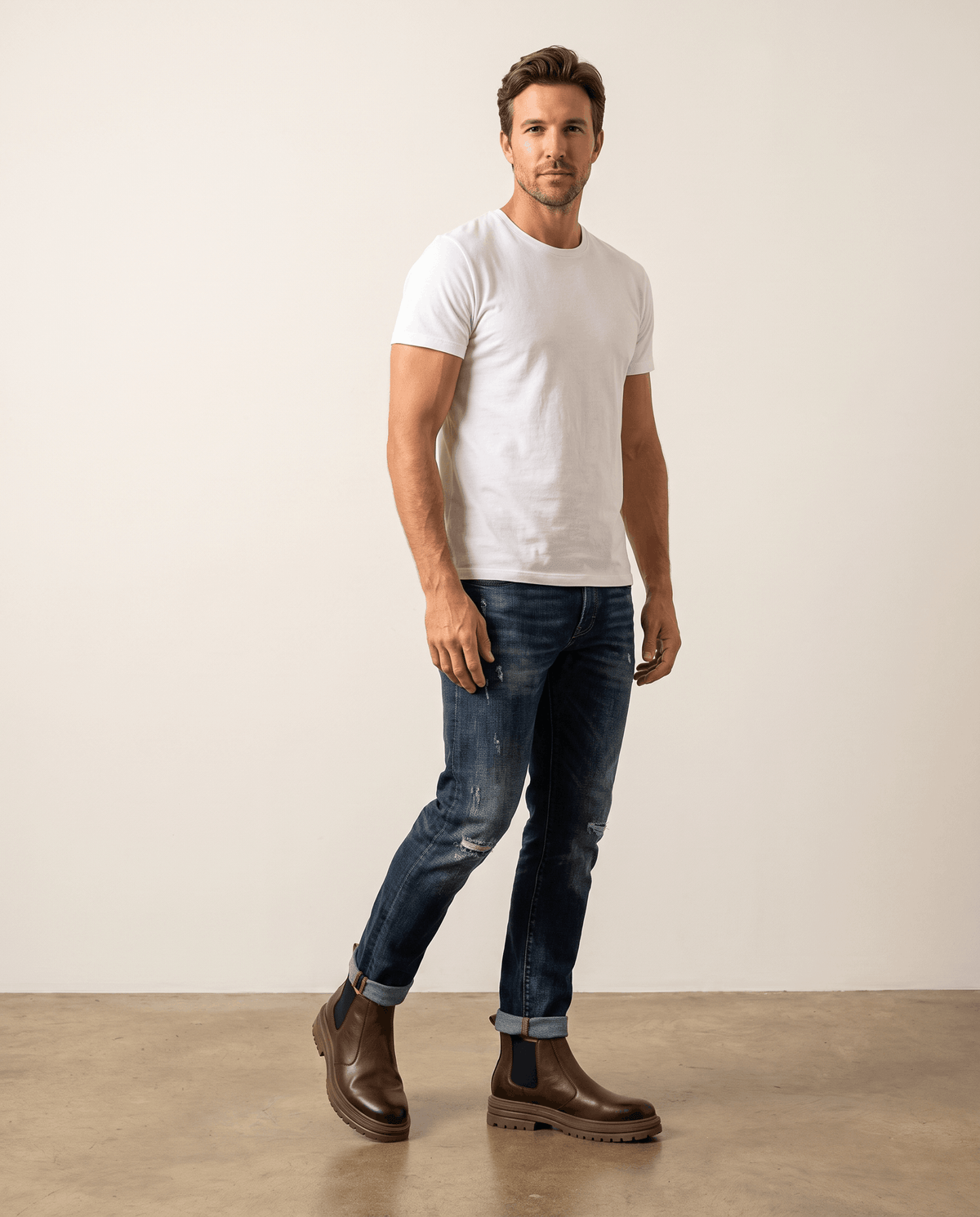 Brown pebbled leather Chelsea boots with elastic side panels and a chunky lugged platform sole worn with cuffed jeans.