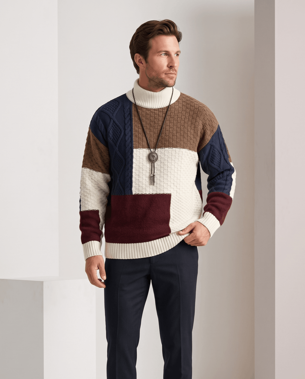 Model in navy, cream, tan and burgundy colorblock mock neck sweater