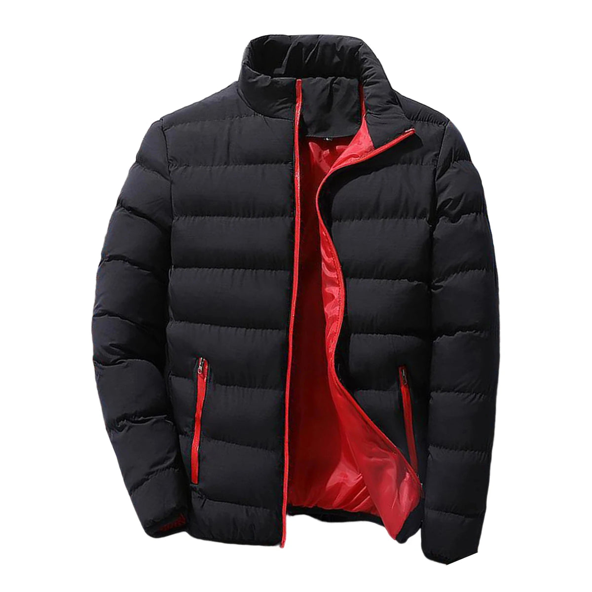 Flat shot of the black jacket open, showing the full red inner lining