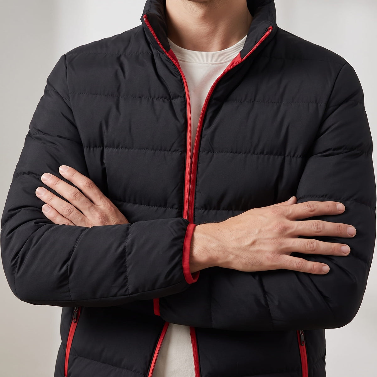 Torso view with arms crossed, red zip and pocket trim against black quilting