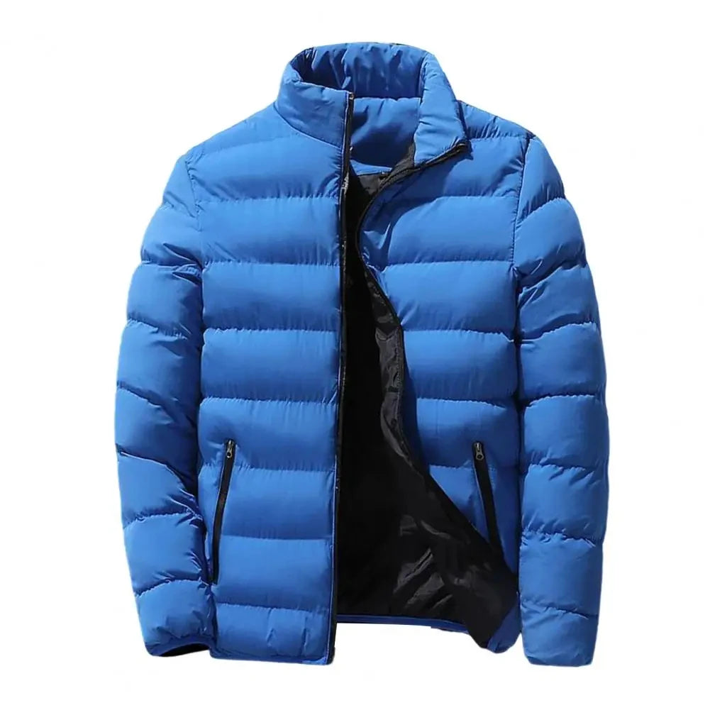 Flat product shot of the blue jacket unzipped, showing the black inner lining