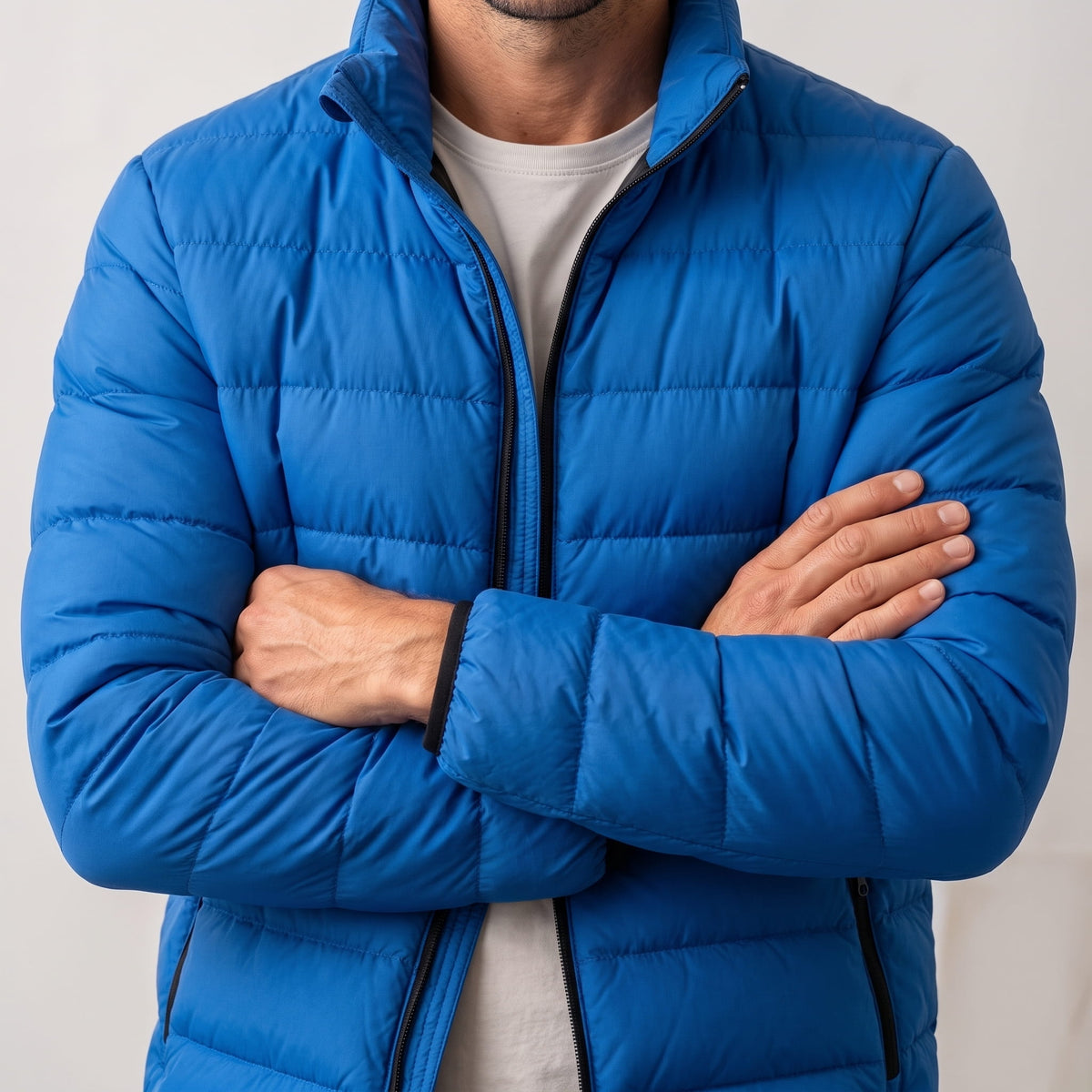 Blue torso view with arms crossed, showing slim horizontal quilted channels