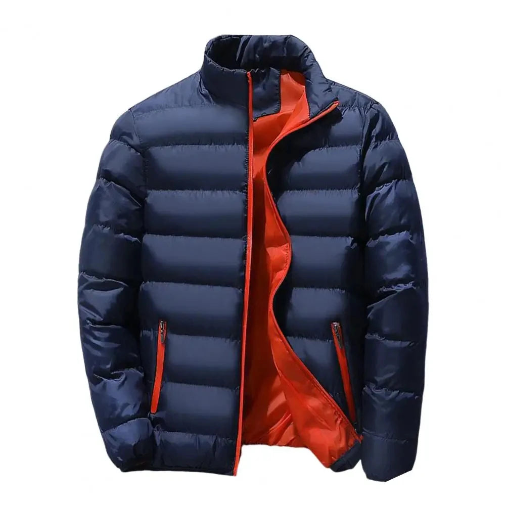Flat shot of the navy jacket open, showing the orange inner lining