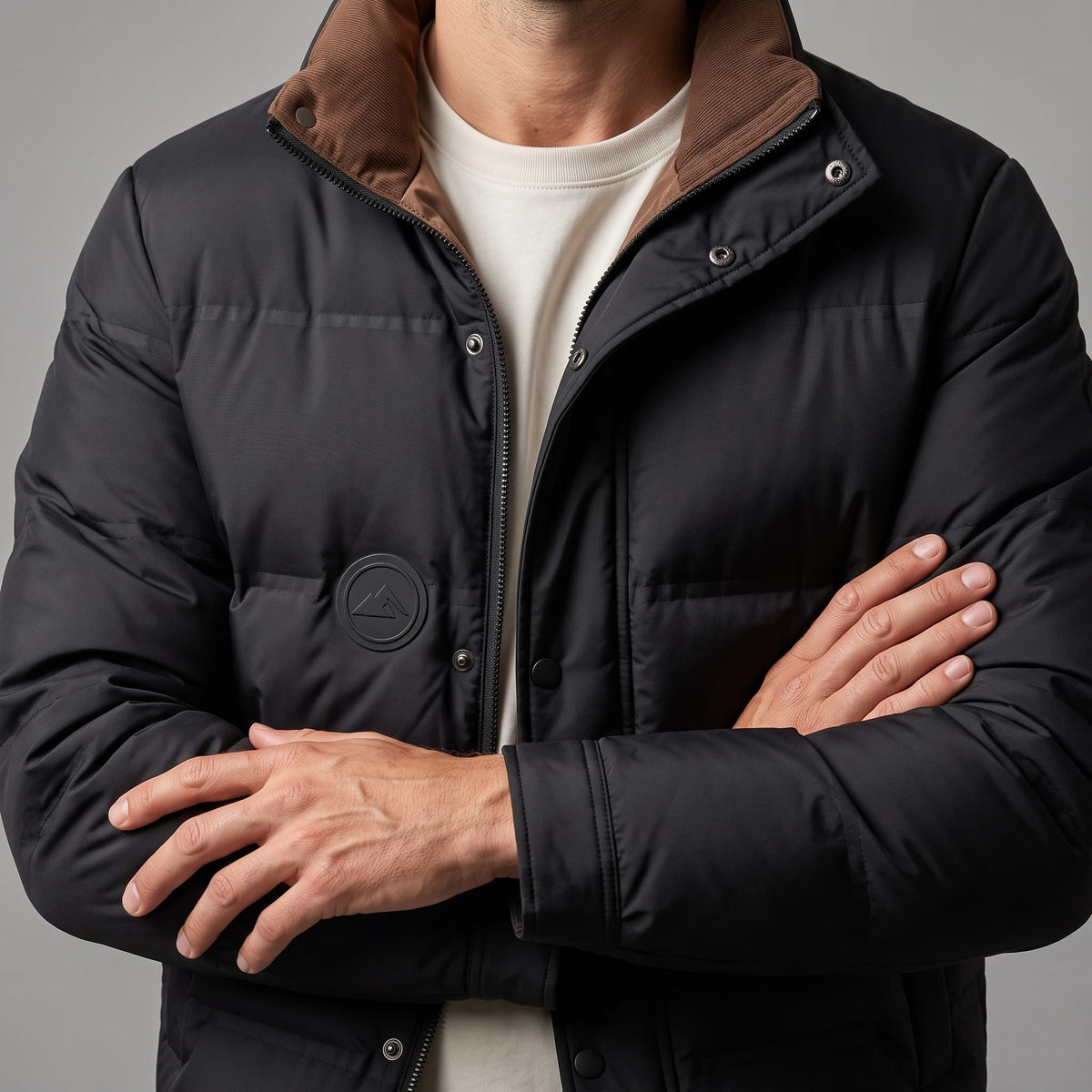Black jacket with arms crossed, corduroy collar against the quilted shell
