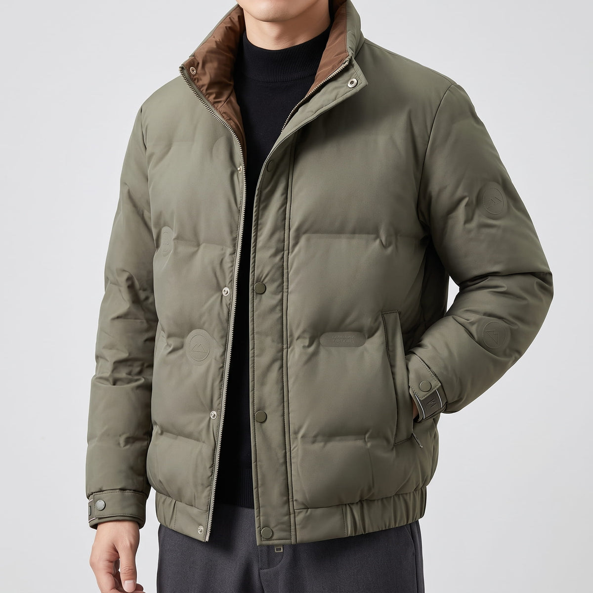 Olive jacket torso showing the corduroy collar, snap placket and side pocket