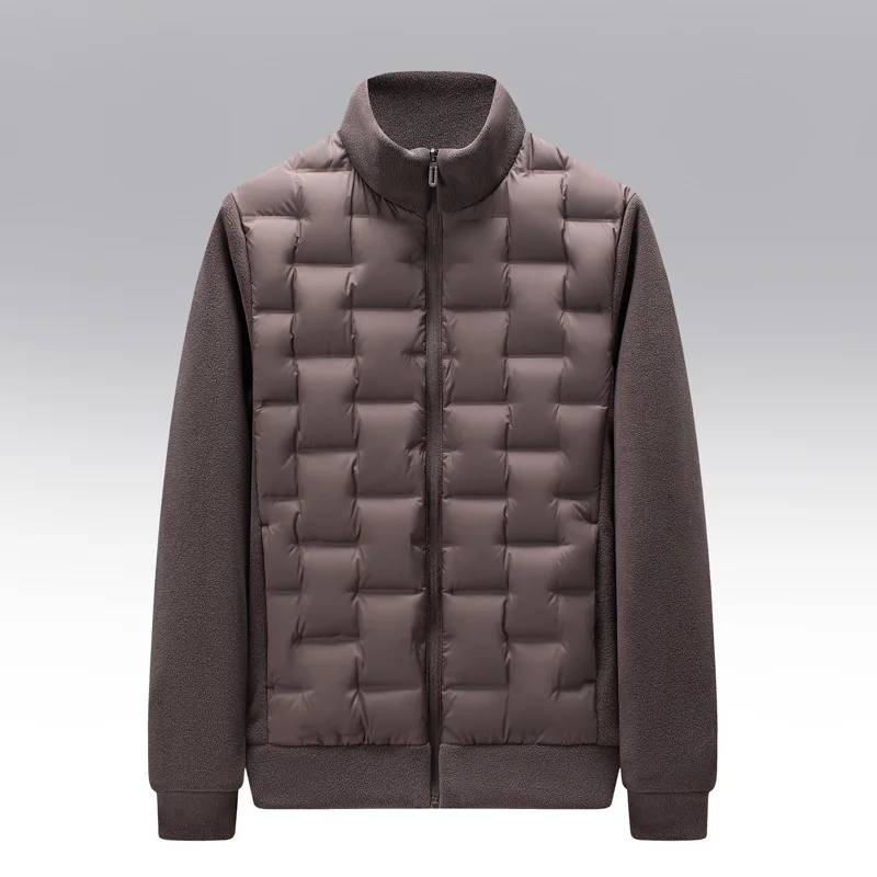 Dark brown hybrid puffer jacket with quilted body and fleece sleeves laid flat, front view
