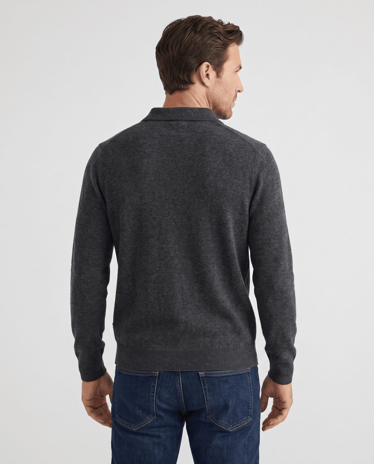 Back view of the Elias dark gray wool knit polo sweater