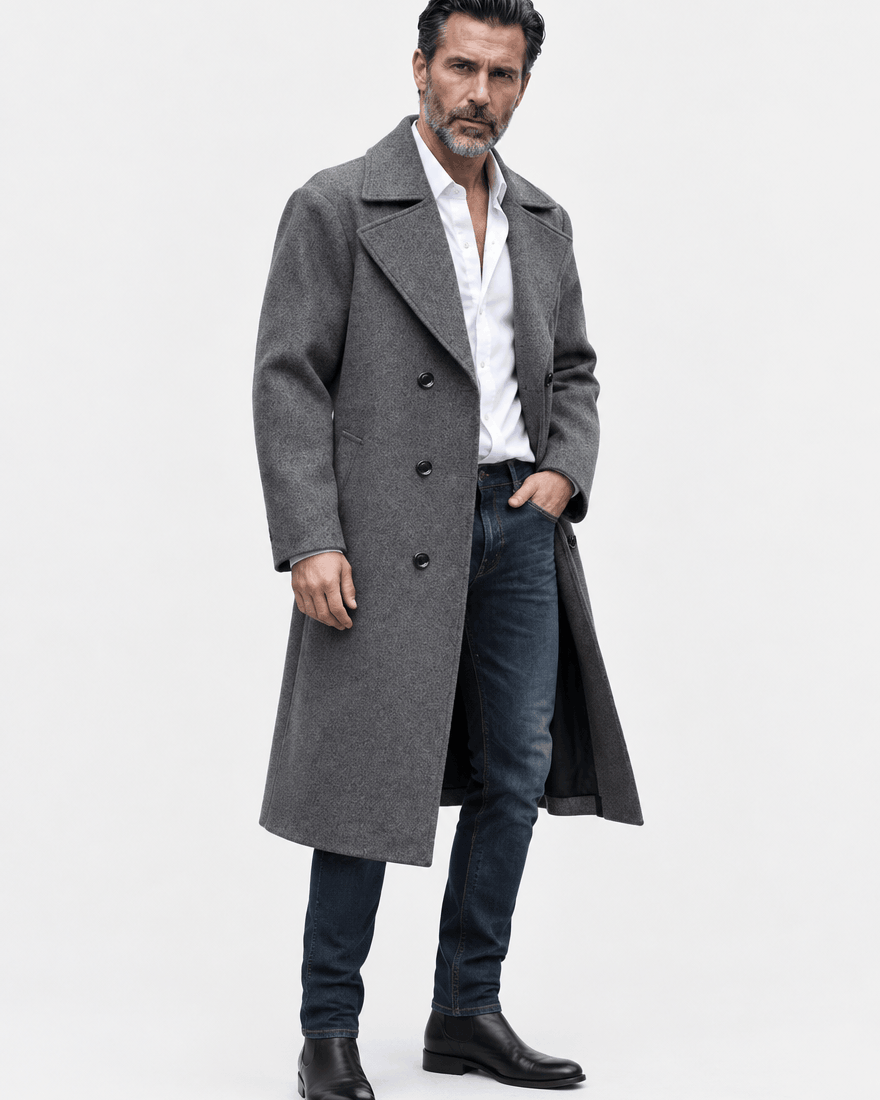 Dark gray long overcoat in a three-quarter view worn open with a white shirt and jeans