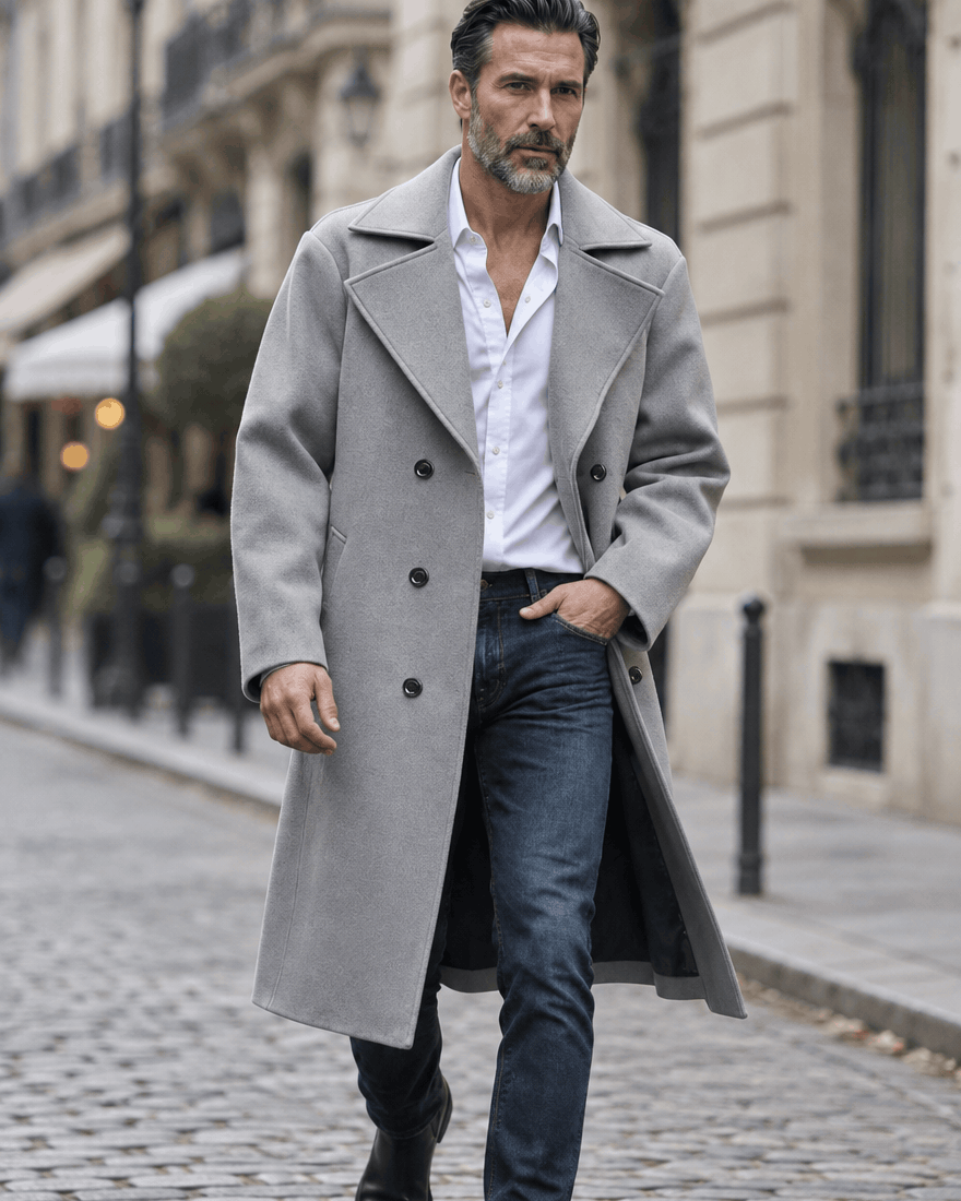 Man walking down a cobblestone street in a light gray overcoat, white shirt and dark jeans