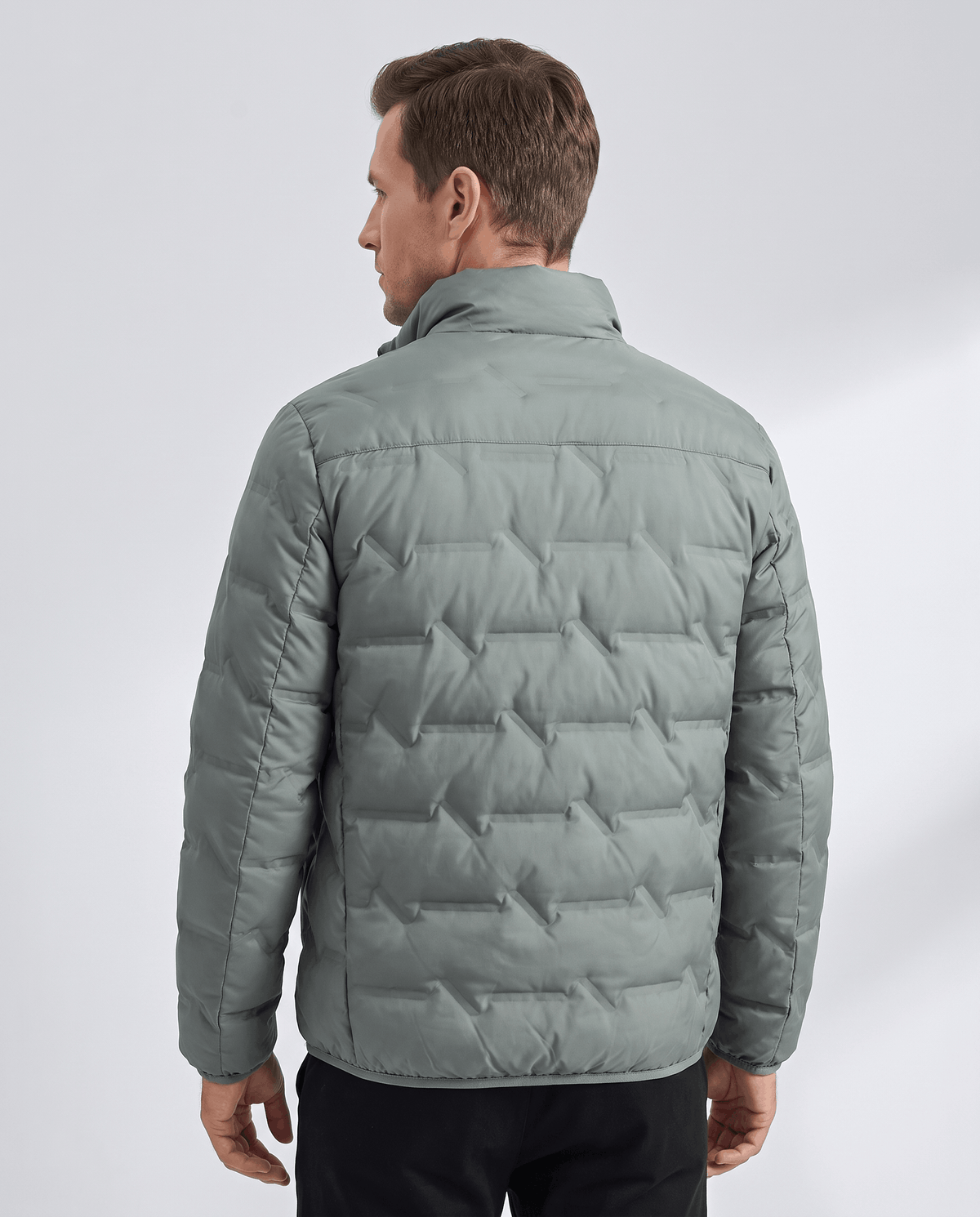 Back view of the olive green colorway with matching quilted panel layout