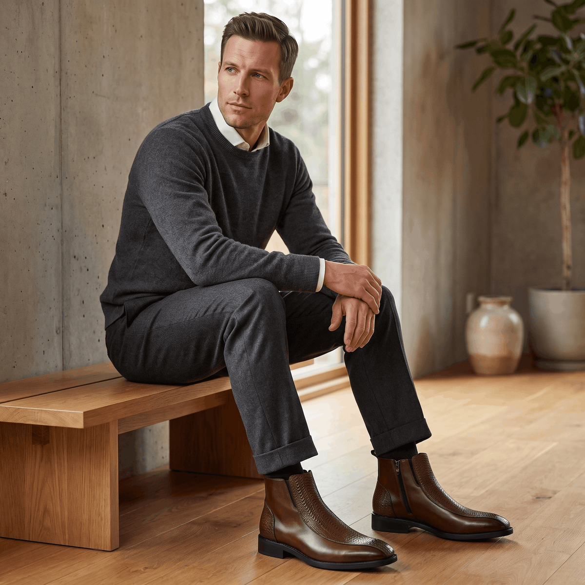Brown leather ankle boots with basketweave embossed quarters, side zip, and squared toe worn with charcoal trousers.