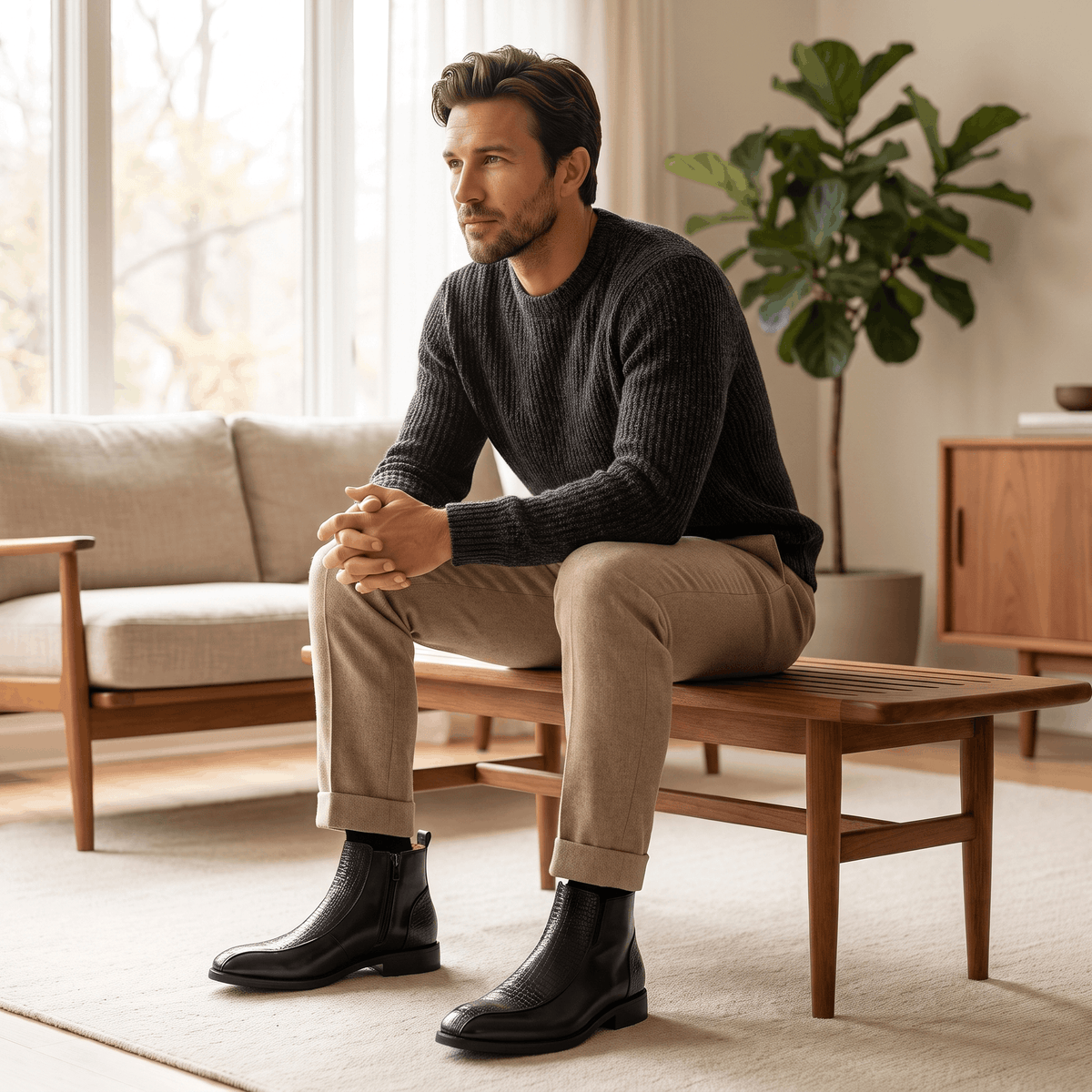 Black leather ankle boots featuring basketweave embossed quarters, a side zip, and a softly squared toe.