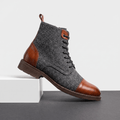 Brown felted wool cap toe boot with polished brown leather trim, seven-eyelet lacing, and a durable welted rubber sole.