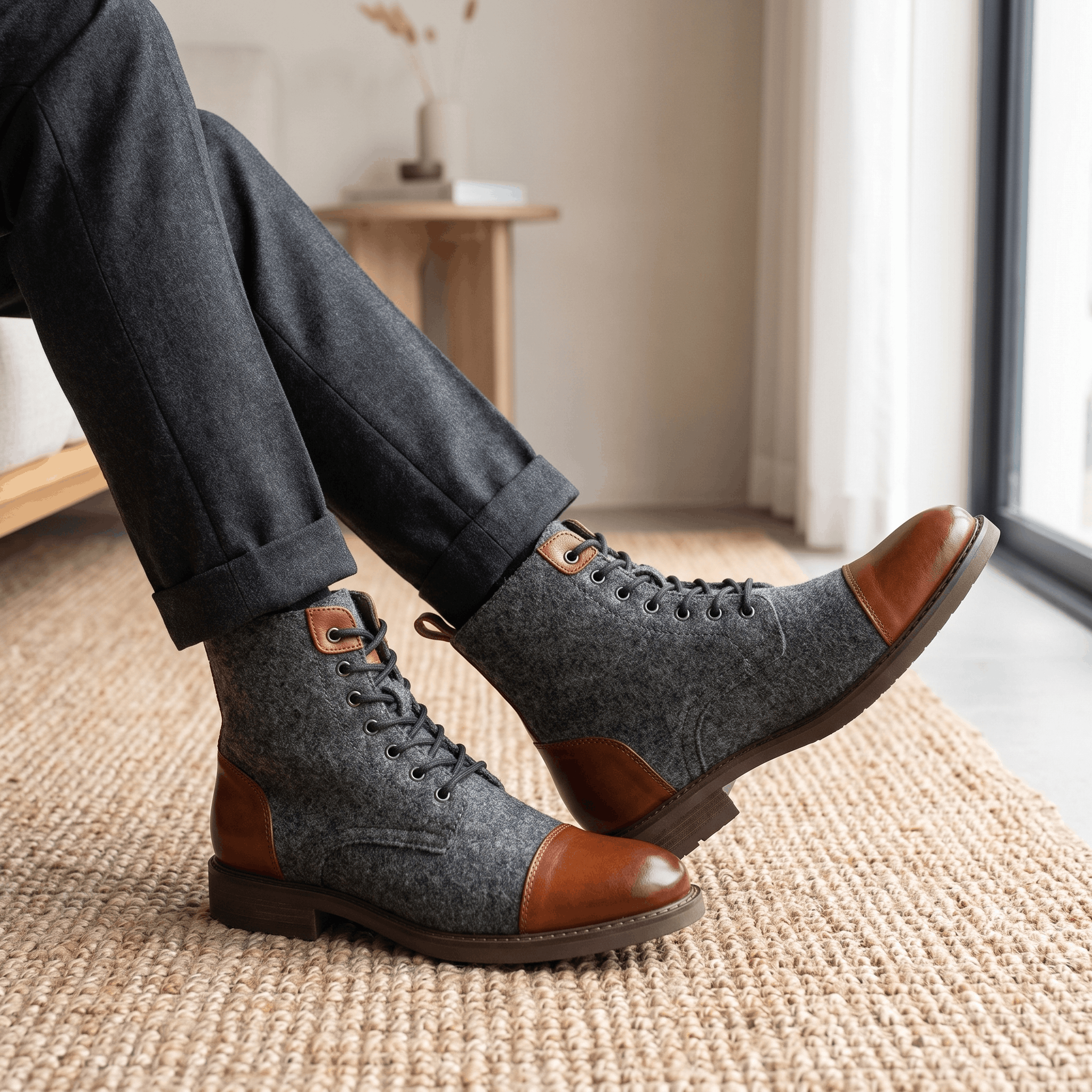 Brown felted wool lace-up boots with polished brown leather cap toes and heel counters, featuring a welted sole edge.