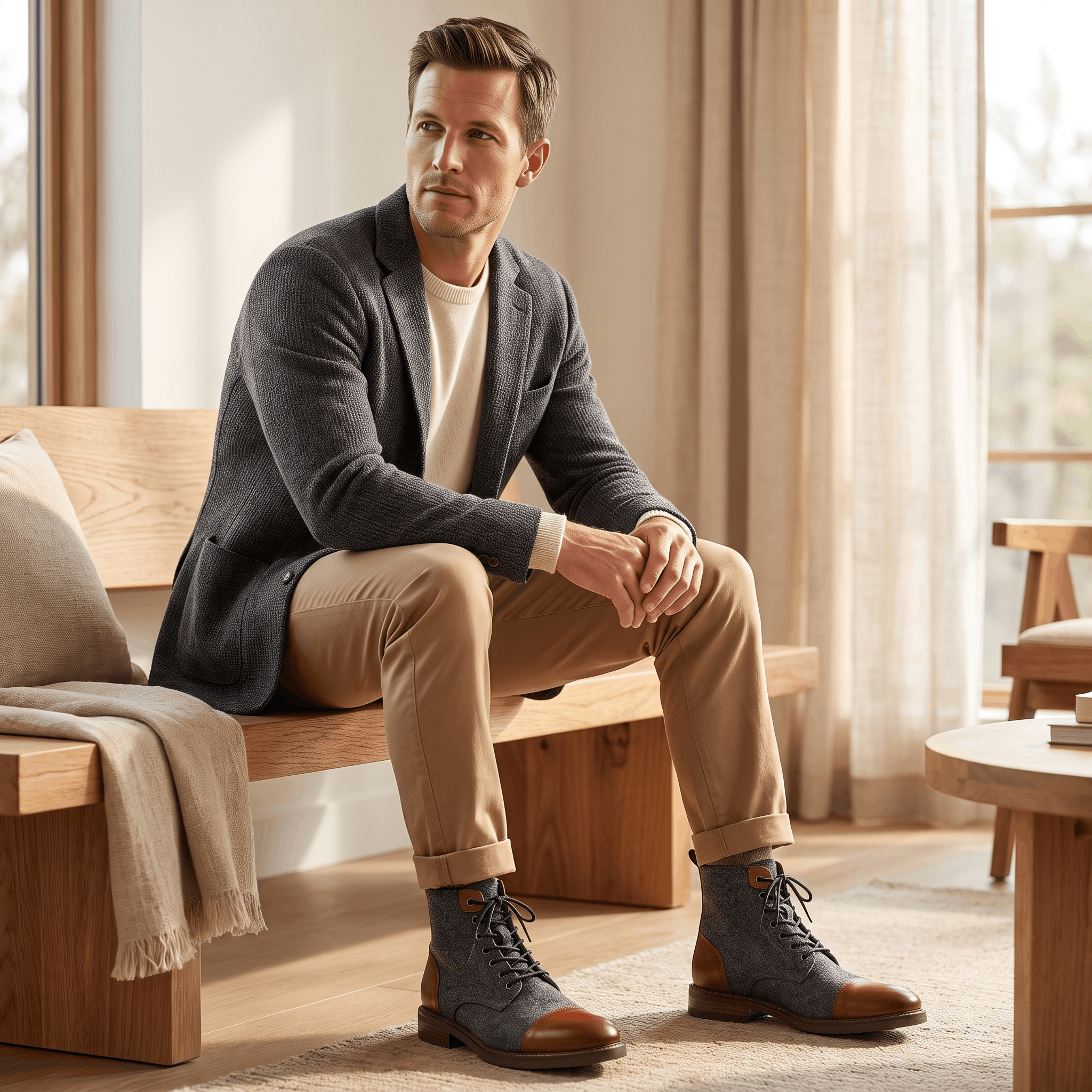 Brown felted wool and brown leather cap toe lace-up boots with a welted sole, worn with tan chinos in a sunlit room.