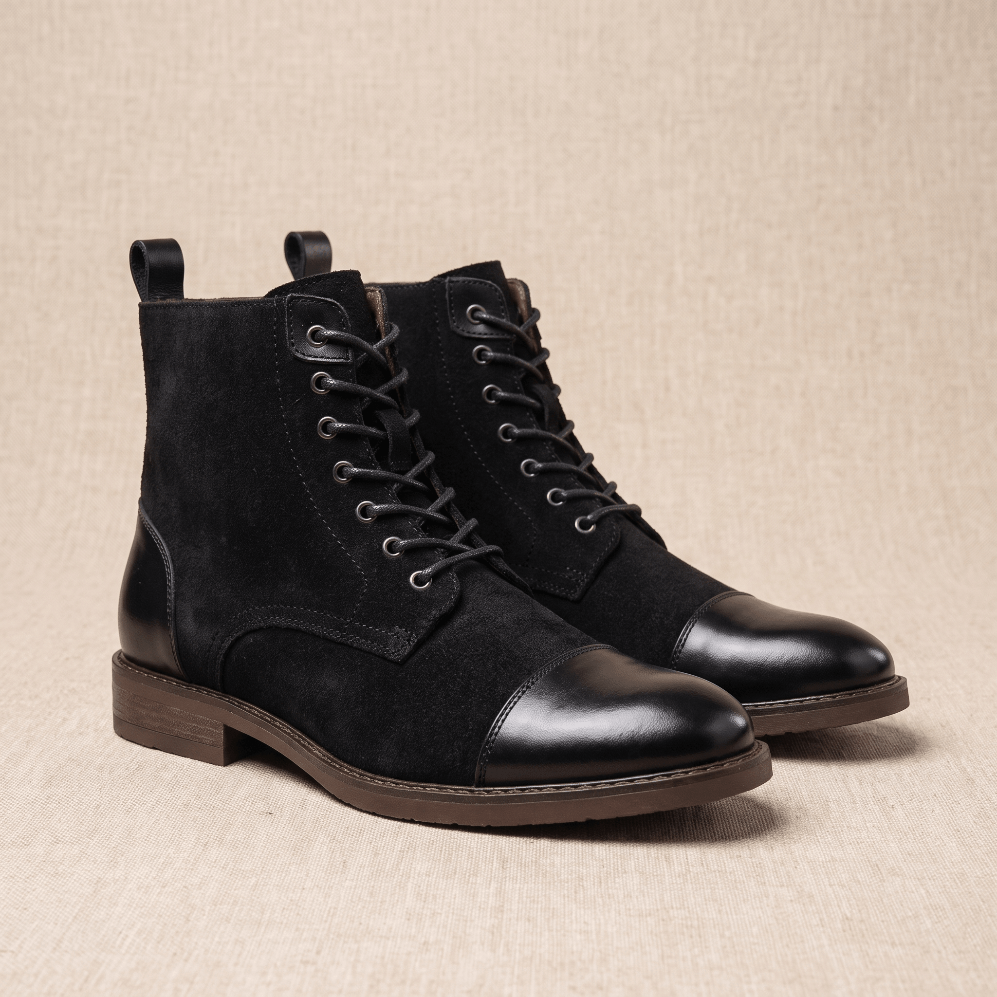 Black felted wool and polished leather cap toe boots with seven-eyelet lacing and a welted rubber sole.