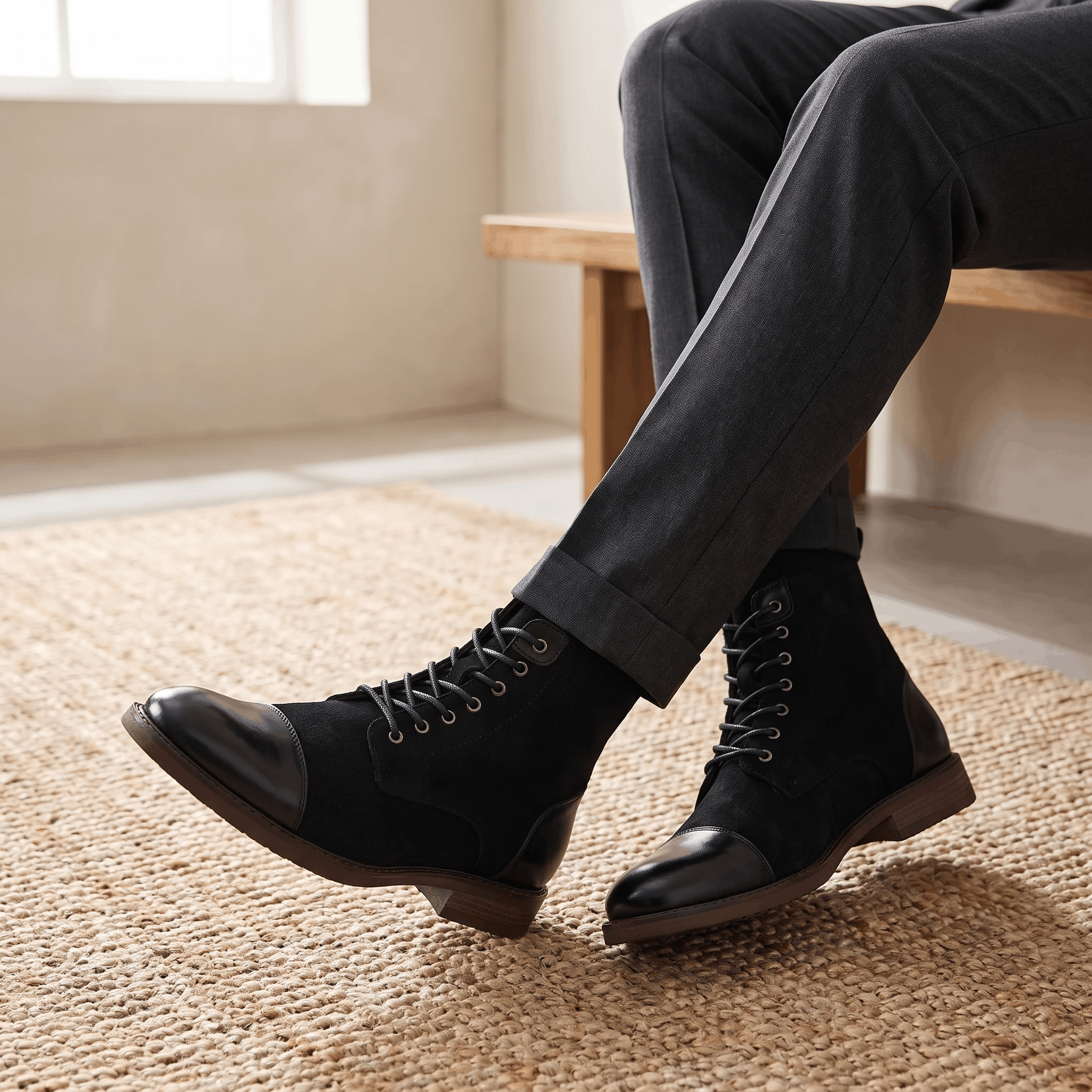 Black felted wool cap toe boots with polished leather trim, seven-eyelet lacing, and a welted sole worn with grey trousers.