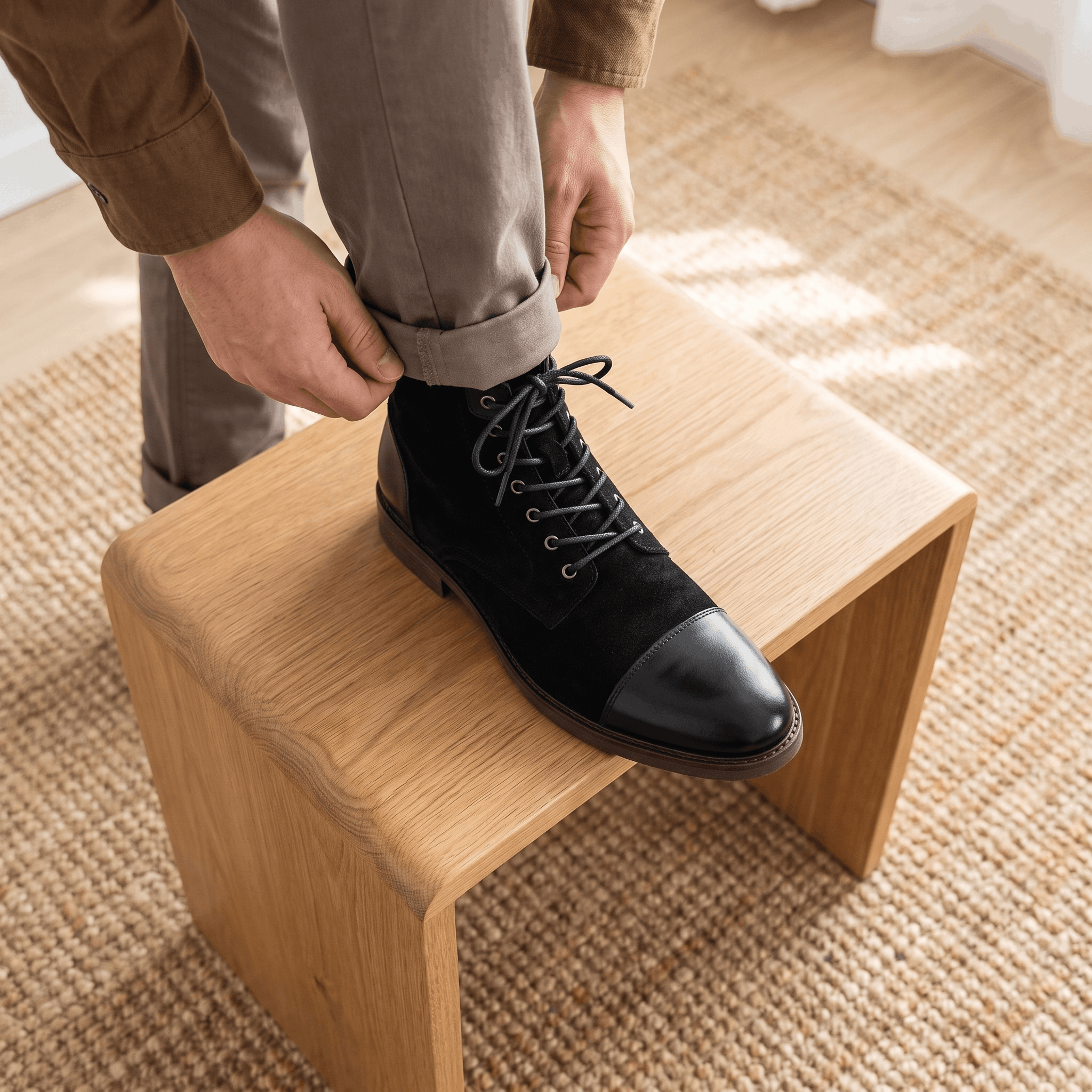 Black felted wool cap toe boots with polished leather trim, lace-up front, and welted sole resting on a wooden stool.
