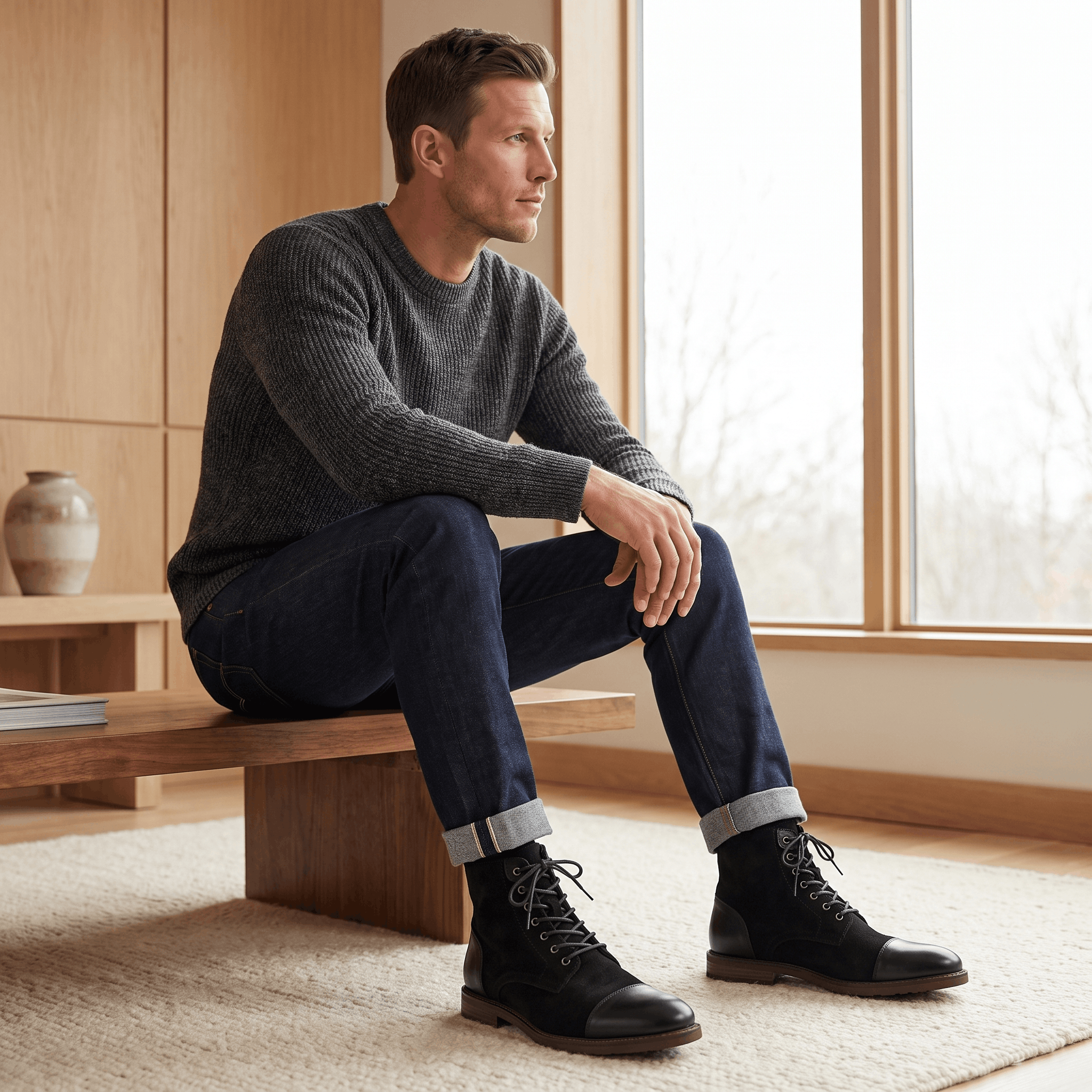 Black felted wool cap toe boots with polished leather trim, lace-up front, and welted sole worn with cuffed dark denim jeans.