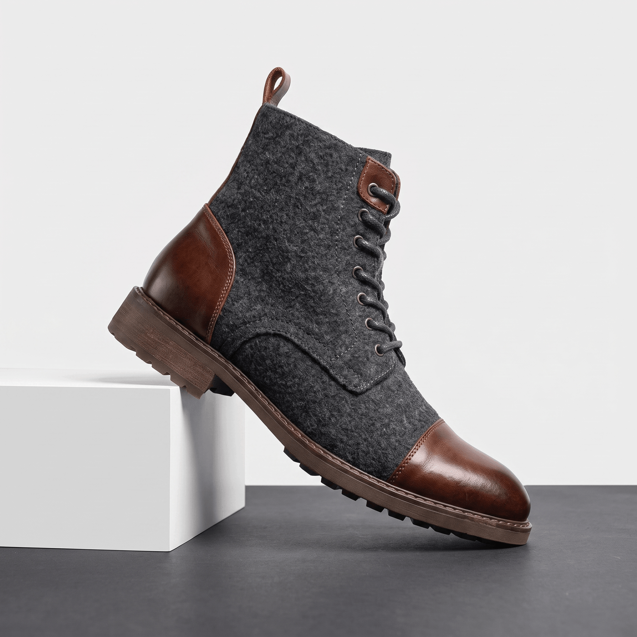 Dark brown felted wool and brown polished leather cap toe lace-up boot with a welted sole and seven-eyelet design.