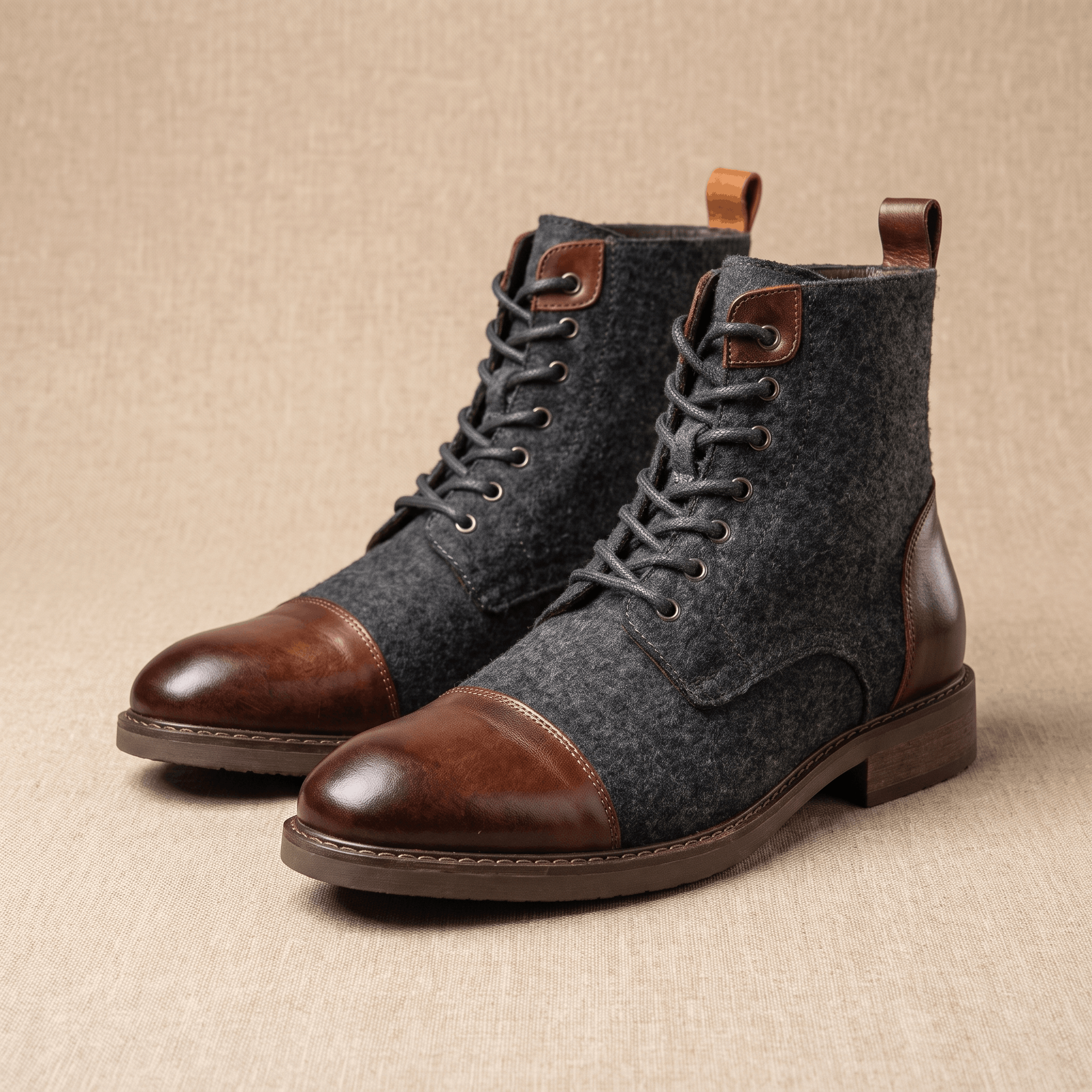 Dark brown felted wool lace-up boots with polished brown leather cap toes, heel counters, and a sturdy welted sole.