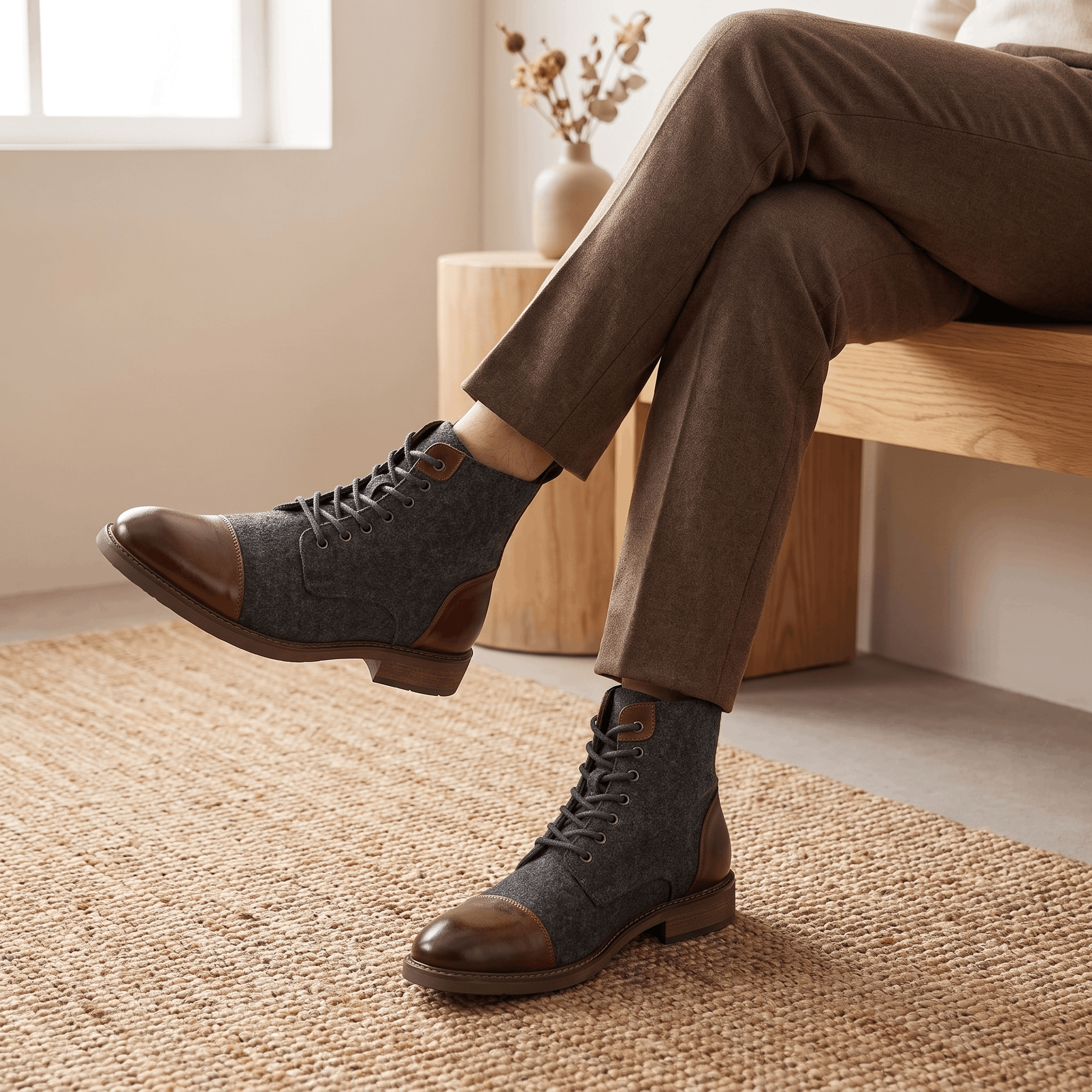 Dark brown felted wool cap toe boots with polished brown leather trim, lace-up front, and a welted sole worn with brown trousers.