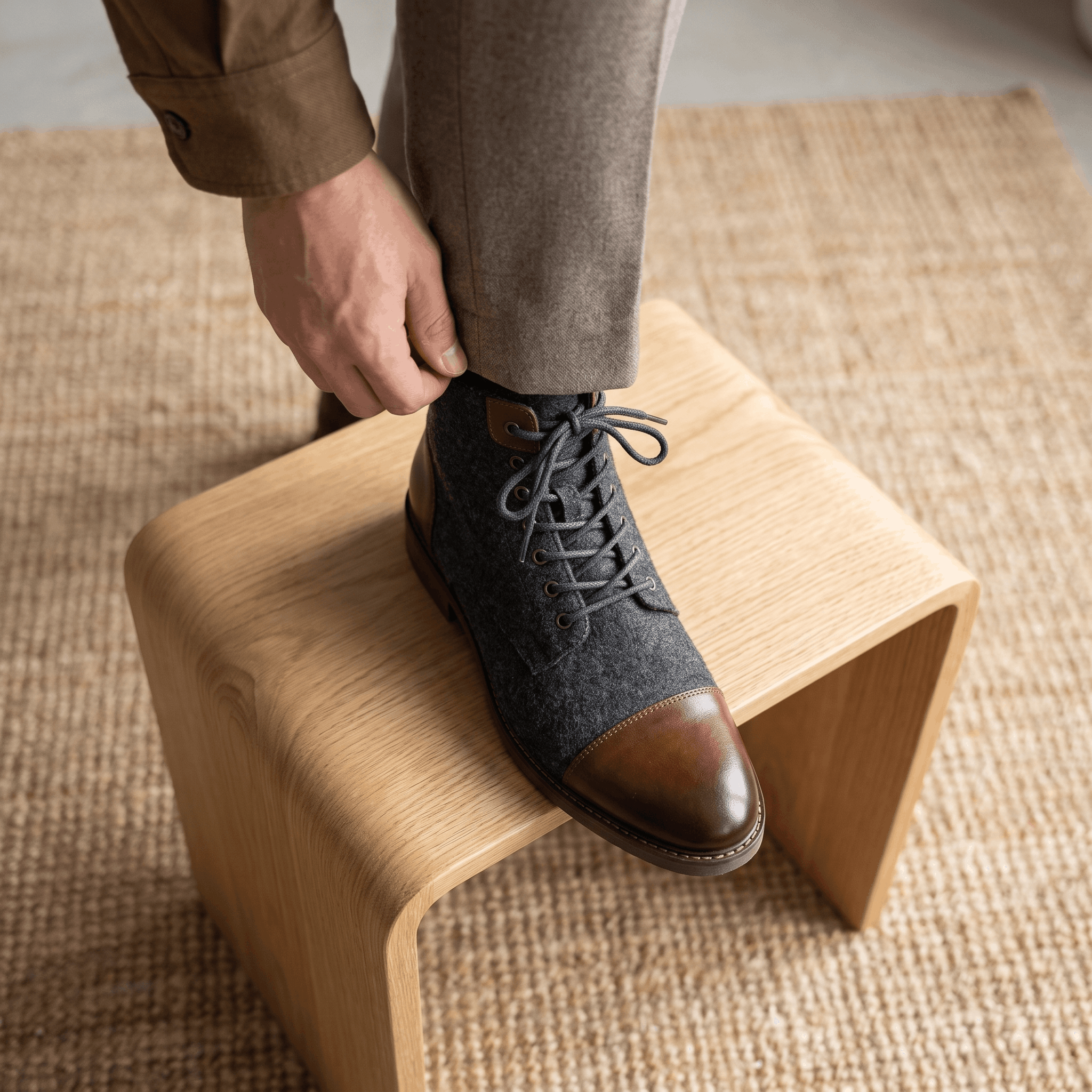 Dark brown felted wool cap toe boots with polished brown leather trim, seven-eyelet lacing, and a welted sole on a wooden stool.