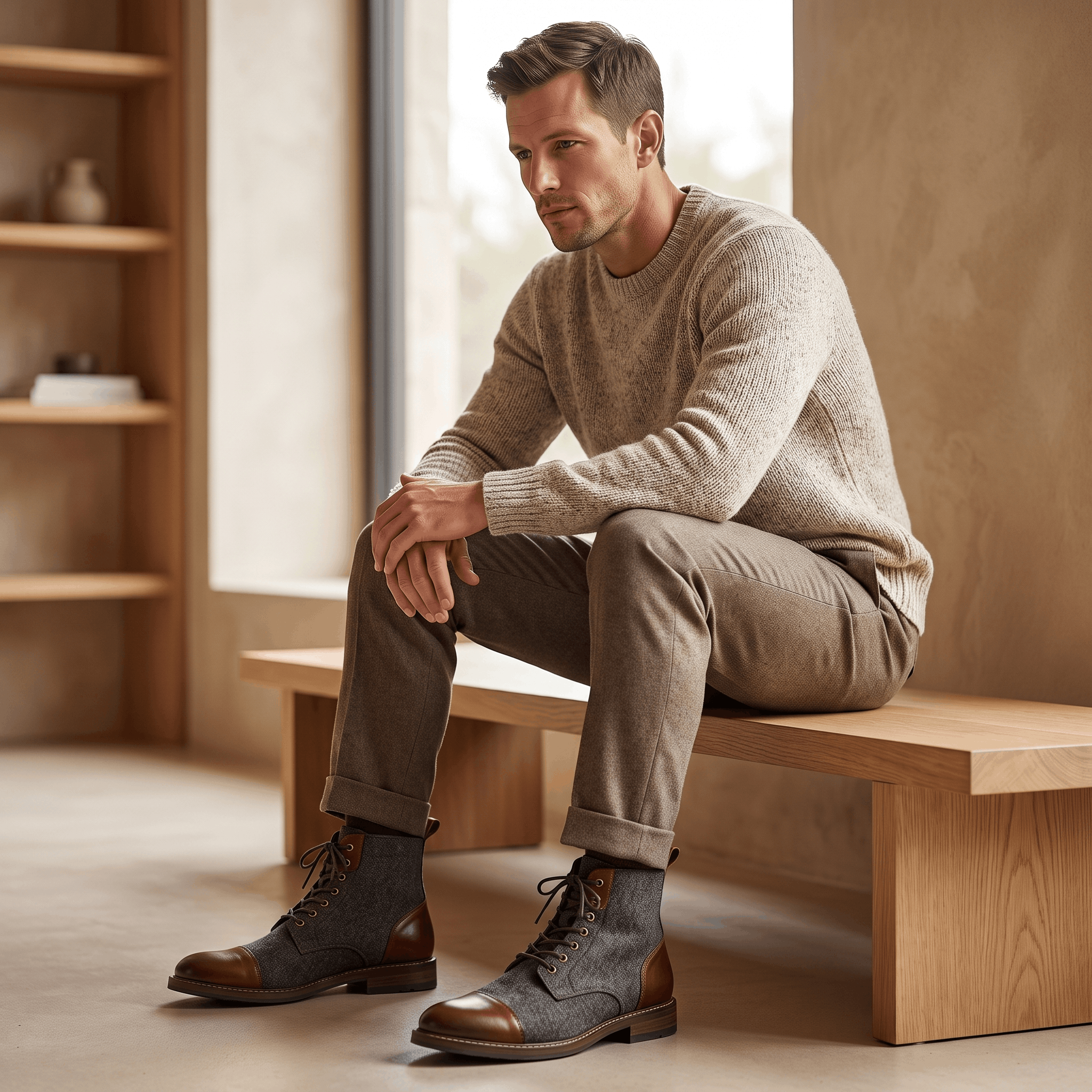 Dark brown felted wool and brown leather cap toe lace-up boots with a welted sole, worn by a man sitting on a wooden bench.