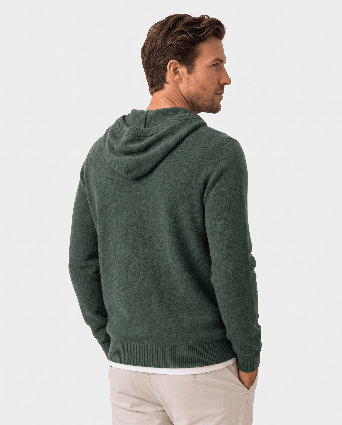 Back view of a green knit pullover hoodie with the hood resting at the neck