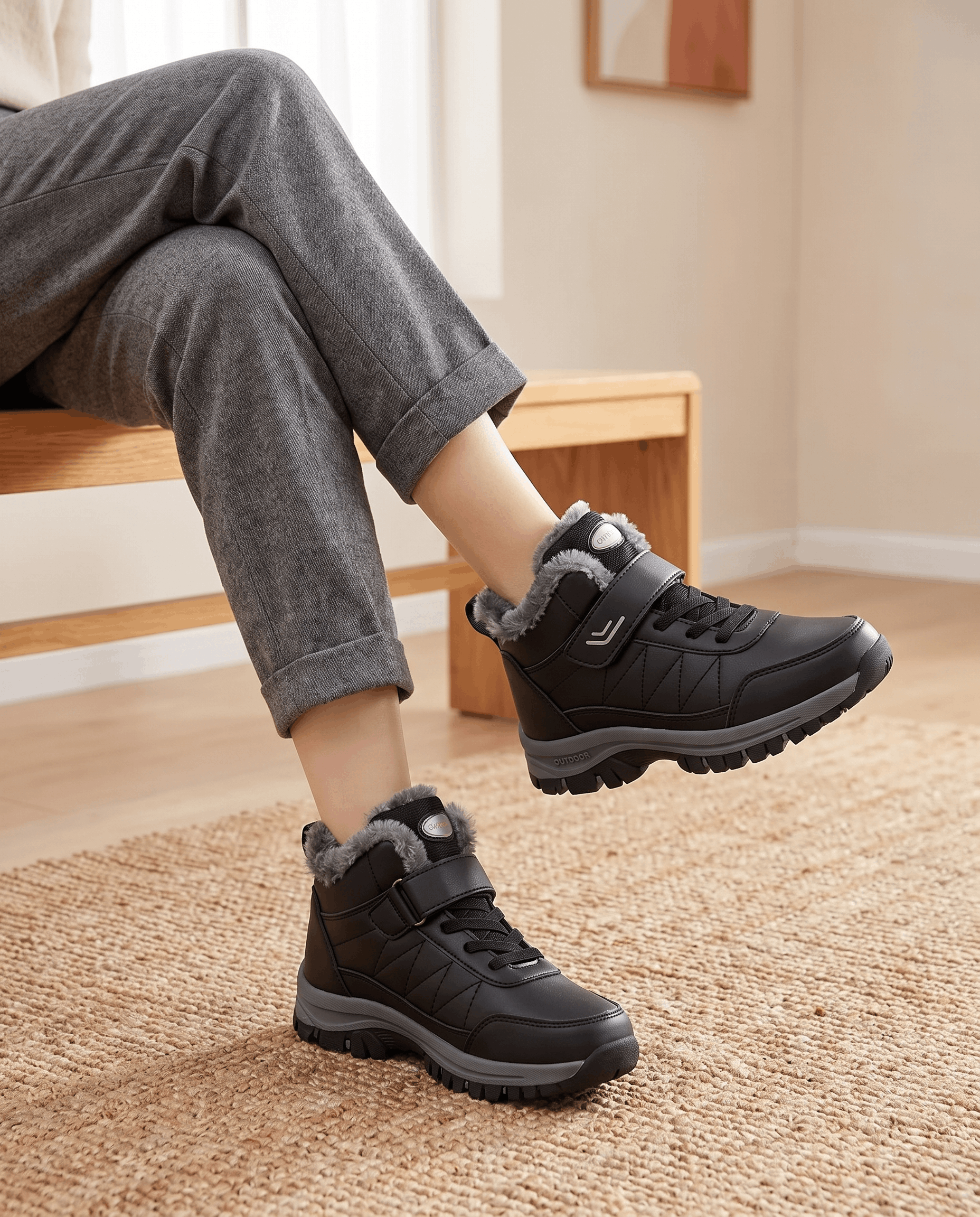 Person wearing black insulated winter boots with dark pants indoors.