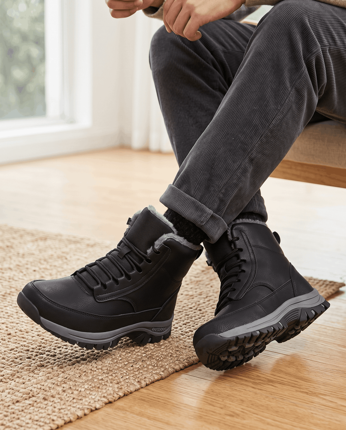 Person wearing black winter boots with dark pants in a close-up seated pose.