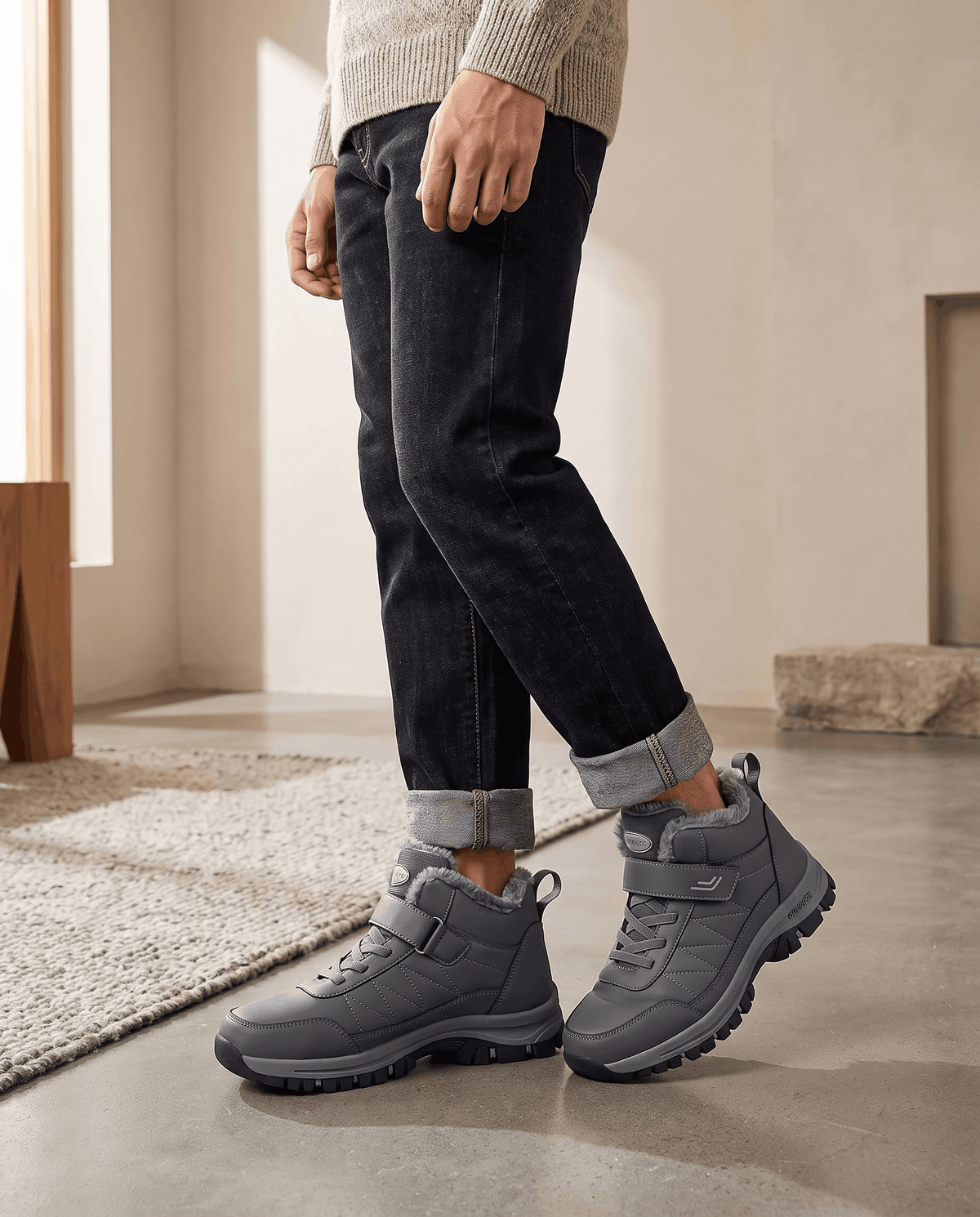 Gray insulated lace-up winter boots with fleece lining and rugged soles worn with dark pants.