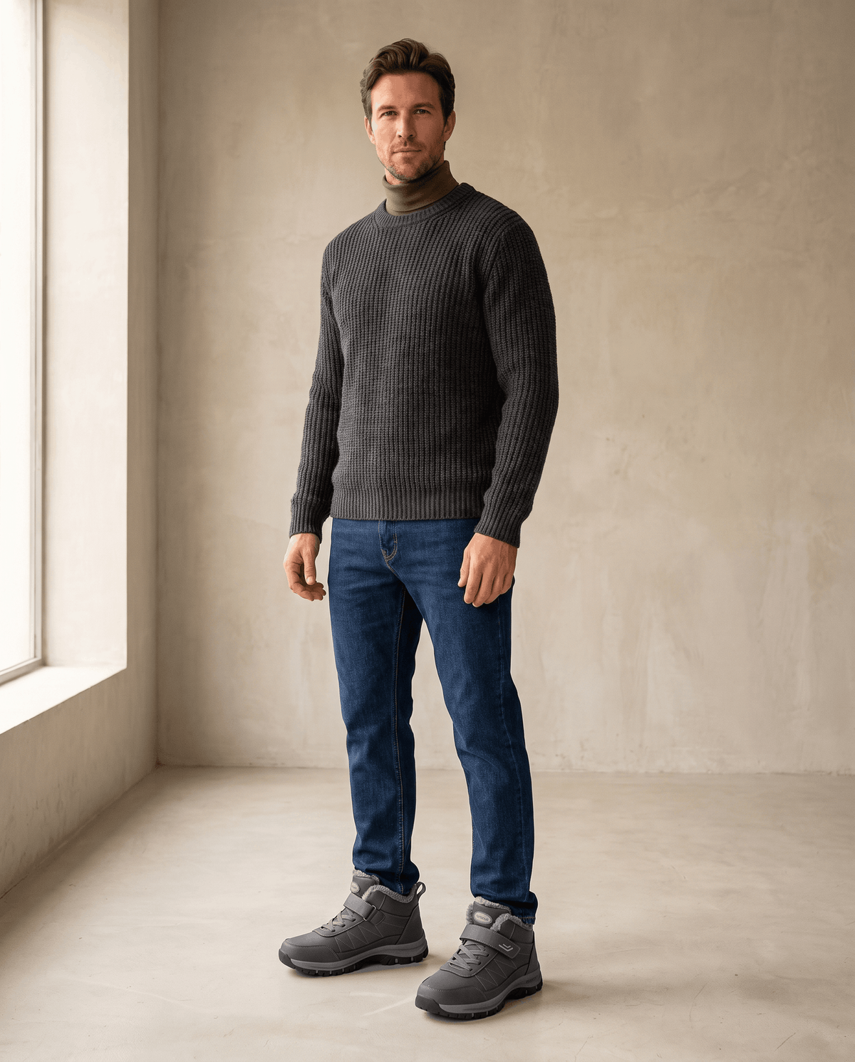 Man wearing gray winter boots with a dark sweater and blue jeans in a minimalist setting.