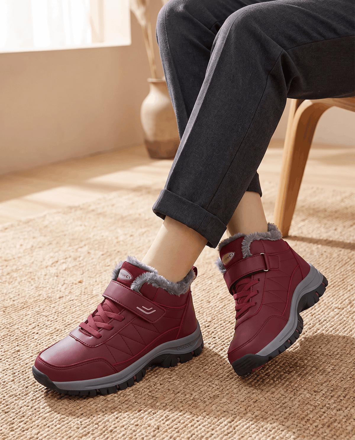 Person wearing red winter boots with dark pants indoors.