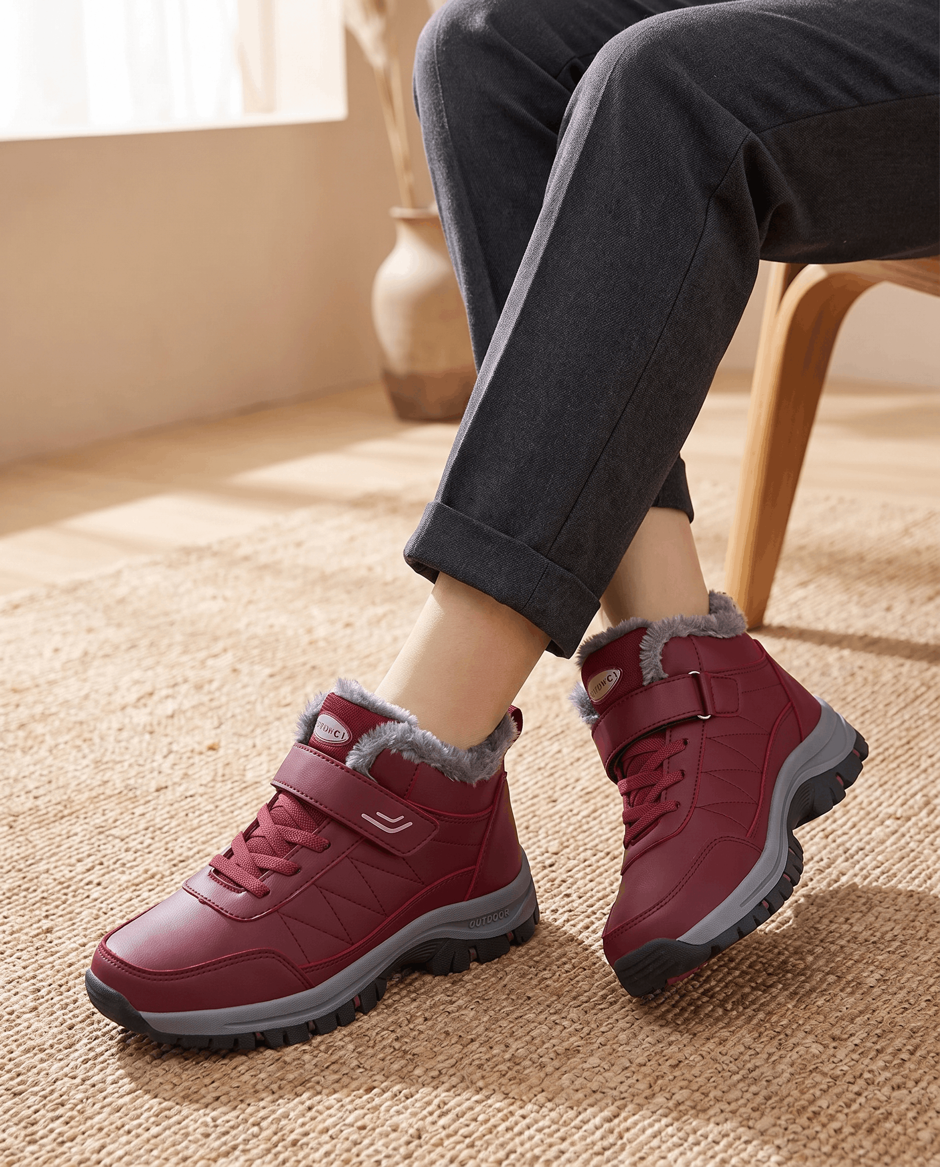 Person wearing red winter boots with dark pants indoors.