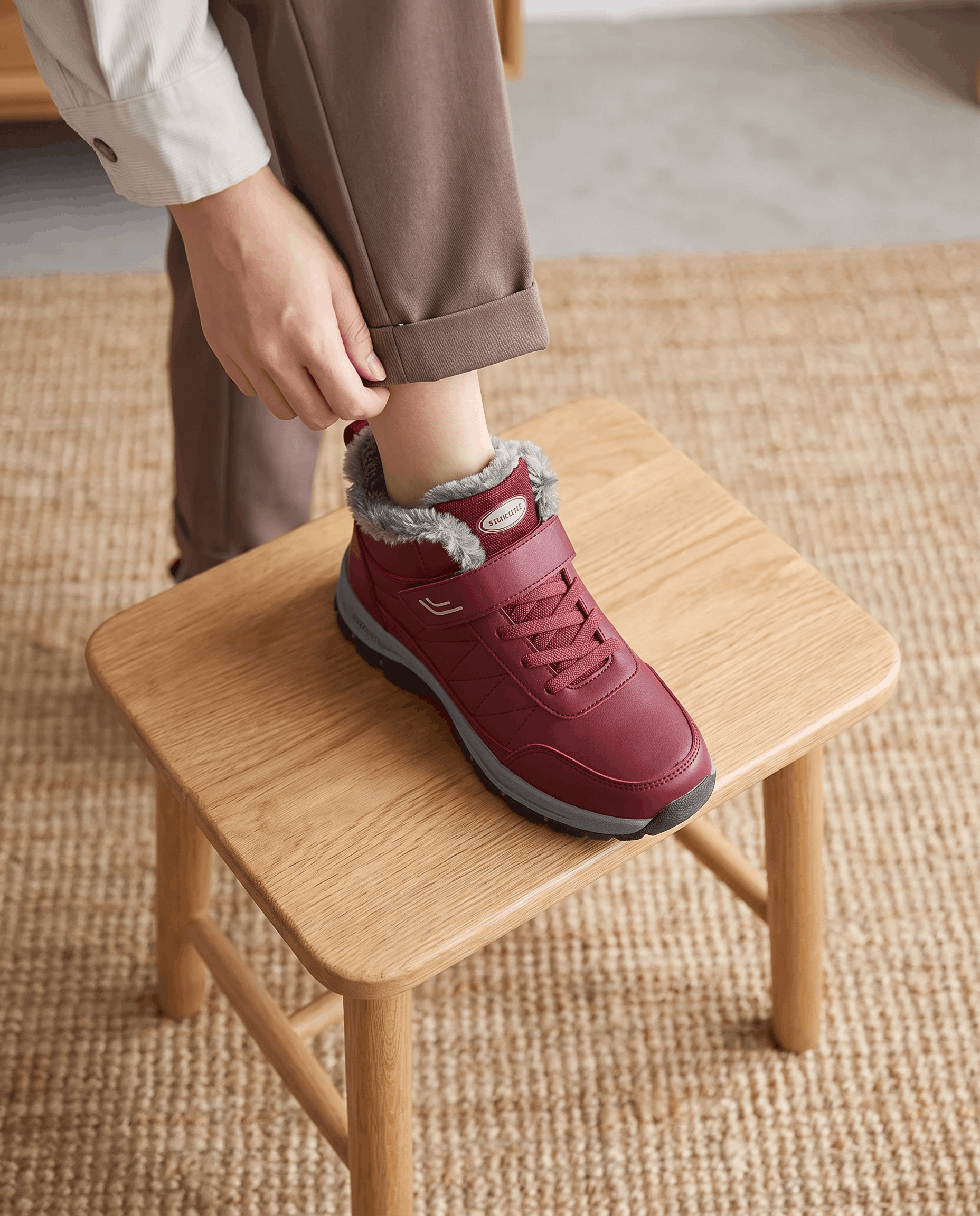 Person wearing a red winter boot while standing on a wooden stool.