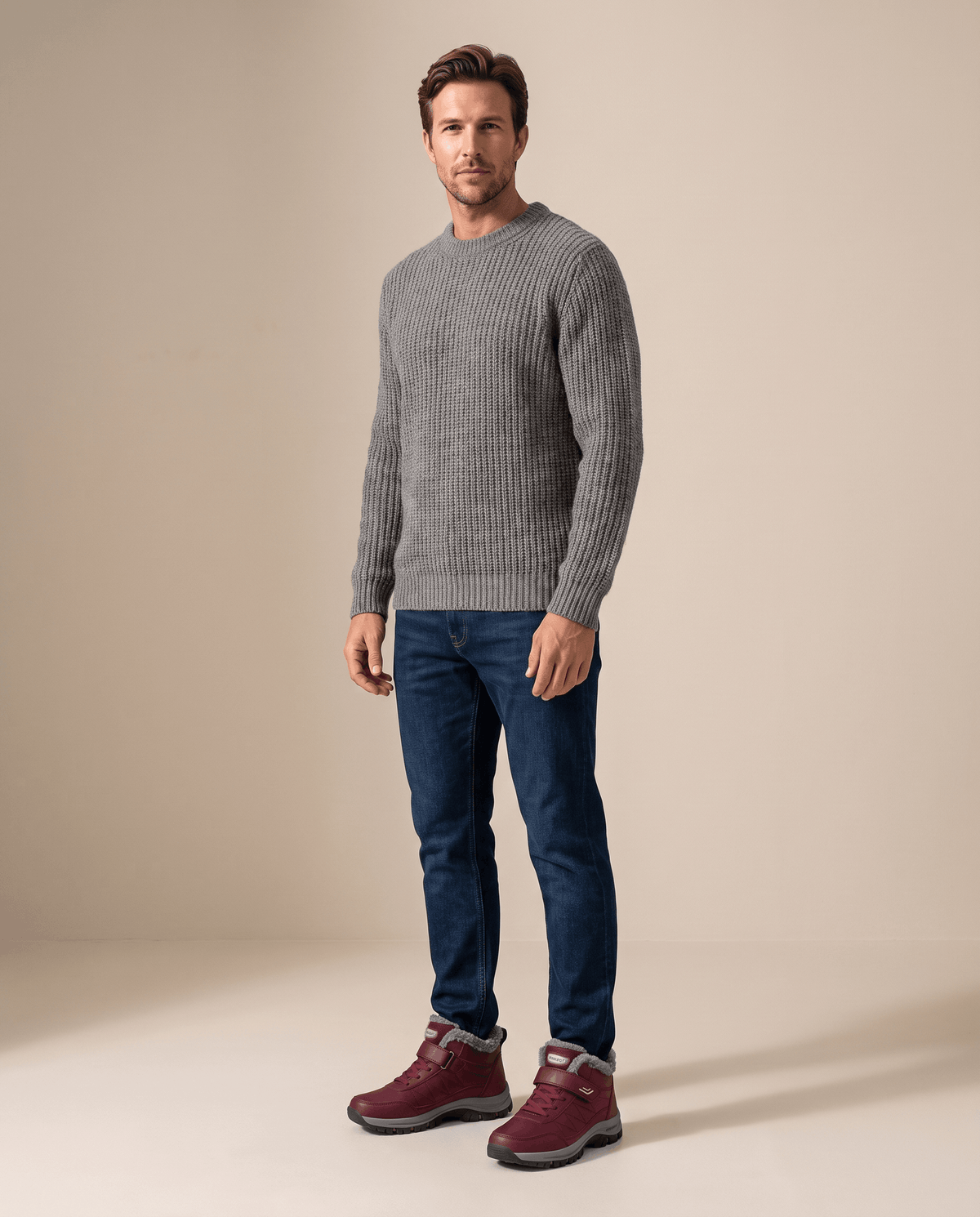 Man wearing red winter boots with a gray sweater and blue jeans.