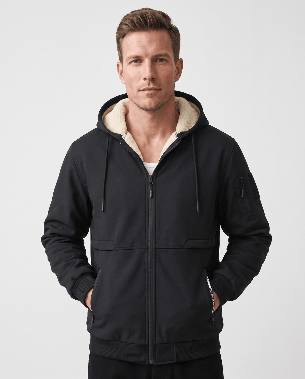 Front view of black hooded jacket with full-length zip and cream fleece-lined hood