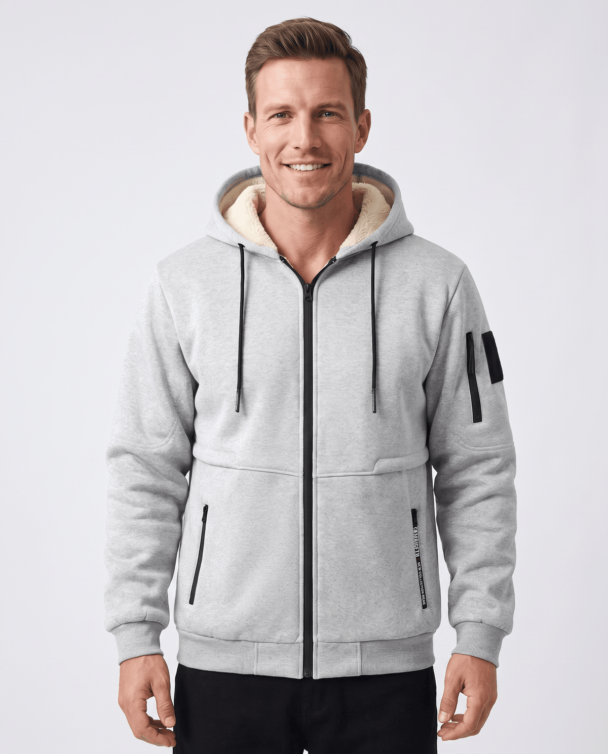 Men's fleece-lined hooded jacket in gray with full-length zip, drawstrings and zip pockets