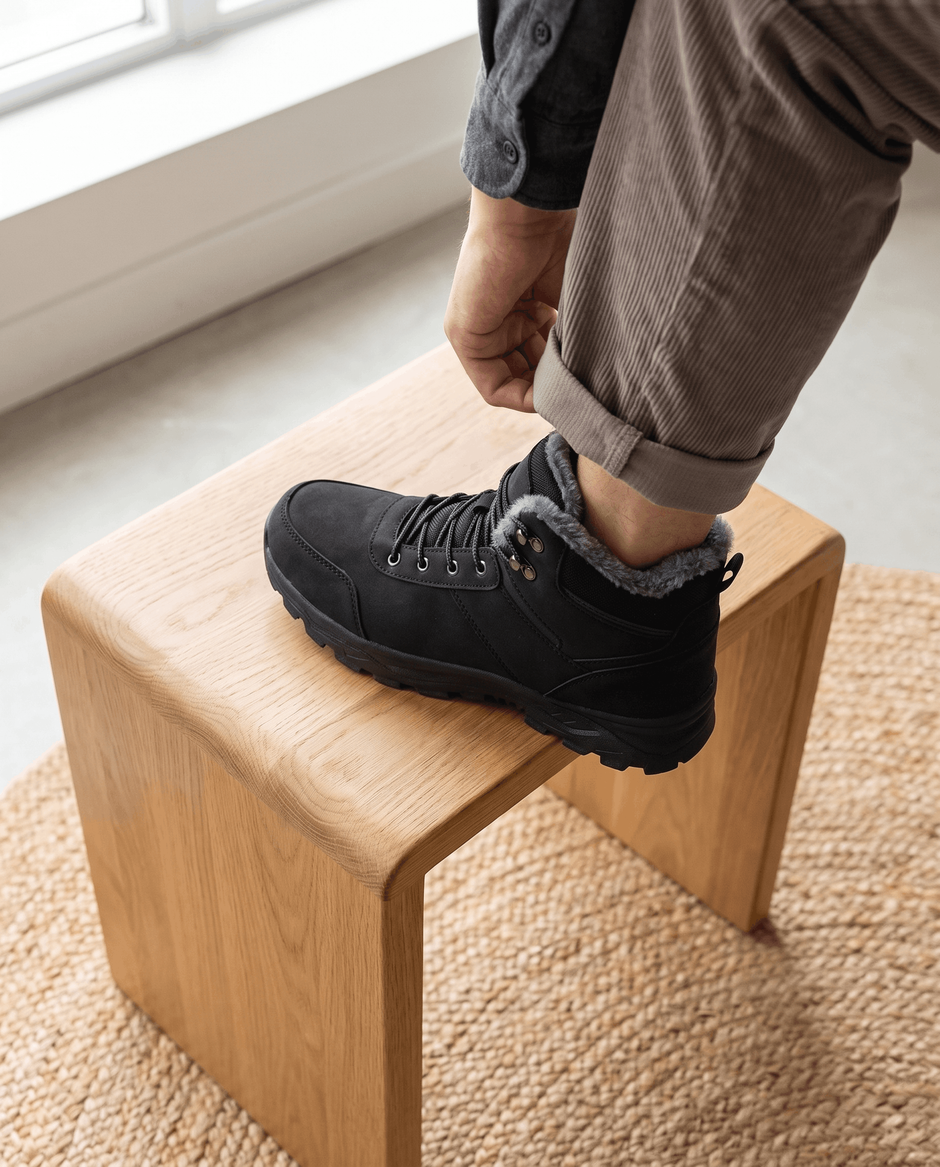 Person wearing black winter boots while standing on a wooden stool.